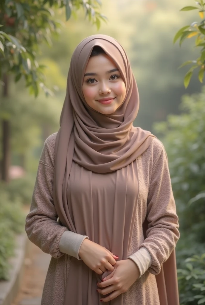 RAW, Best quality, high resolution, masterpiece: 1.3), beautiful Malay woman in hijab,Masterpiece, perfect  fit body, ((Huge breast)), biggorgeous eyes, Soft smile,muslim woman in a plain long sleeve shirt and hijab posing for a picture, hijab, with lovely look, with beautiful colors, with accurate face, pose 4 of 1 6, traditional beauty, batik, wearing beautiful clothes, beutifull, with beautiful exotic, attractive pose, cute pose, scarf, wearing plain chiton, very attractive , she is smiling,Delicate turtleneck, necklace, shairband, afternoon walk, City garden, Excellent lighting, Bright colors, Clean lines  white eyes dark pink hair 