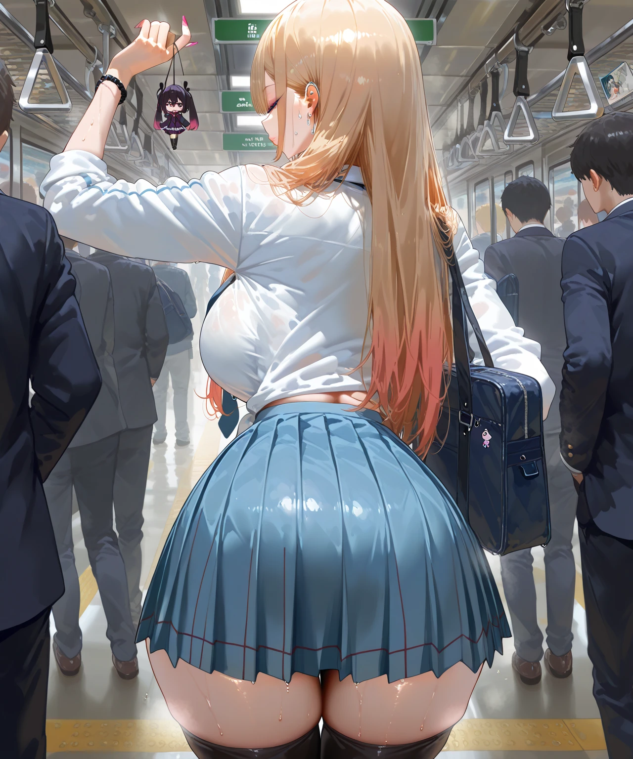 １Man girl、top-quality、超A high resolution、Colossal tits、breastsout、Wavy blonde hair、Picture-perfect face、、Beautiful expression、beauitful face、beautidful eyes、High School Uniforms、Schoolgirl Uniform、a miniskirt、White T-Pack、beauty legs、Subway train interior background、In a crowded train、(A lot of men on the train、Male molesters、Molestation on the train)、(((( A man stands behind a schoolgirl、A man lifts a skirt from behind a schoolgirl、A man grabs a schoolgirl in the ass from behind、A man grabs a schoolgirl by the chest from behind、Touching the chest))))、(insertion(SEX)　、Ejaculation on the body、Massive ejaculation)、fear expression、blushed face、s ass、Turned、、upturned ass、Show me your sloping buttocks、Stick your big butt out towards the viewer