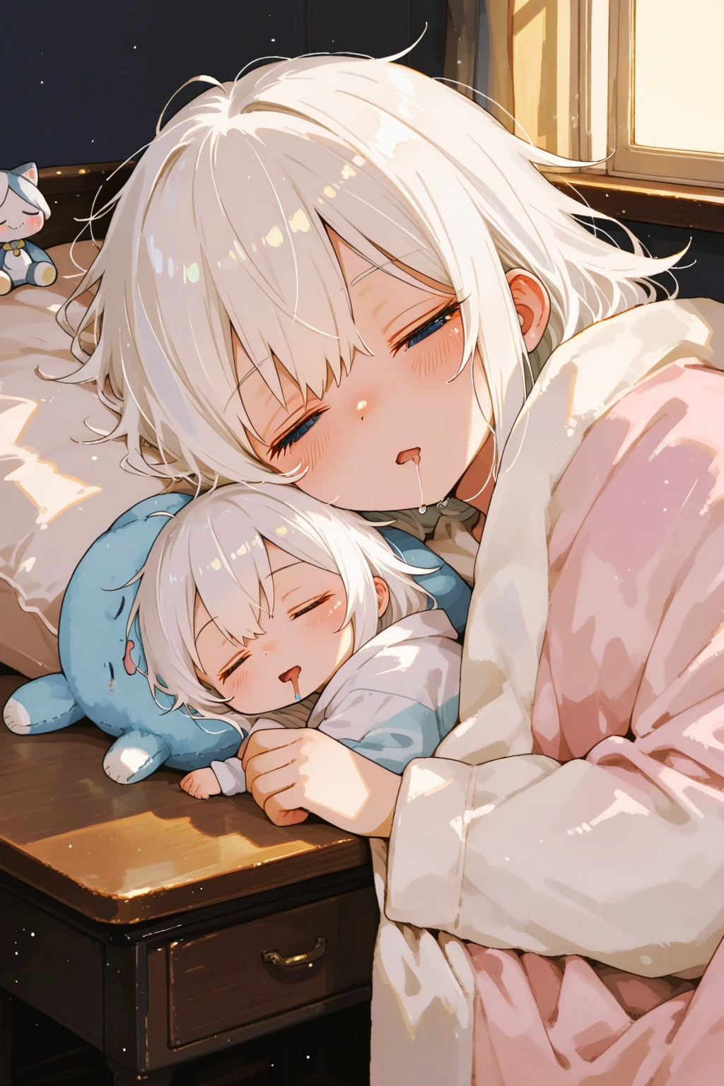 A teenage boy with white hair in a large nursery, (holding a baby pacifier), playing with baby toys, ((wearing a onesie)), drooling, ((wearing a diaper)), [[sleeping]], in a crib, holding a stuffed animal, high quality, extremely detailed, highly detailed, masterpiece, soft lighting, warm colors, pastel colors, adorable, cute,
