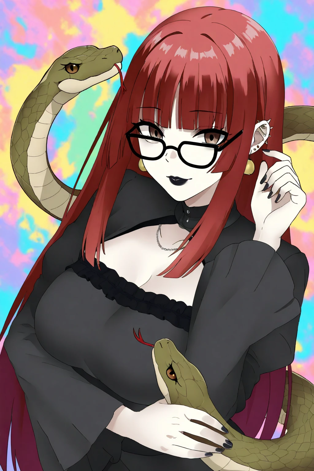 shingeki_no_kyojin_s4_style, portrait, solo, redhoodx, very long hair, mechanical horns, tinted glasses, big breast, latex bra, latex gloves, latex panties, red hair