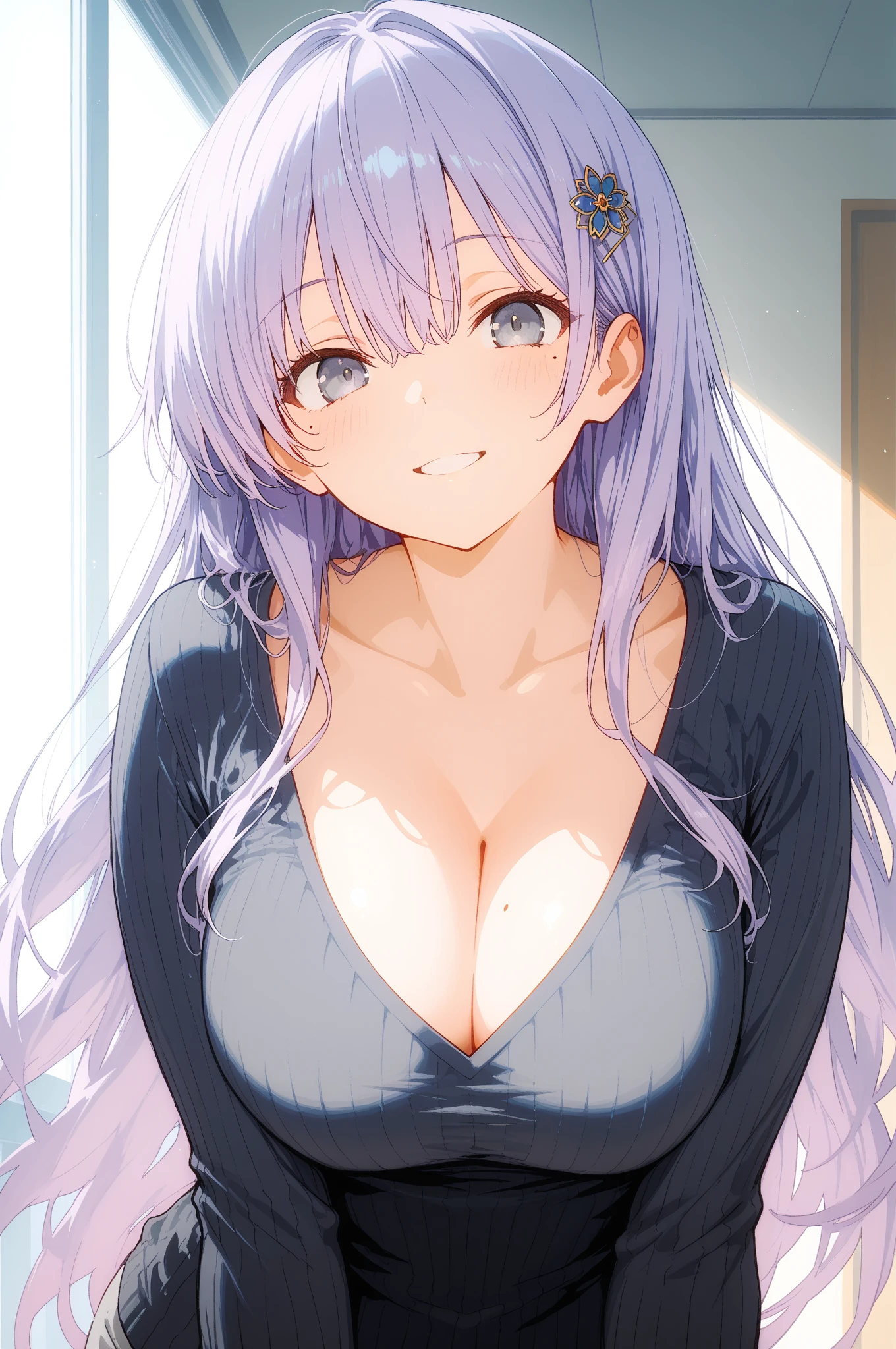 masterpiece, highest quality, One girl, ((View your viewers)), Lilac hair, Purple eyes, Long Hair, Ahoge, sweater, sweater skirt, pantyhose, 163cm, Hair between the eyes, big breasts, Adult, 20-year-old, mature,, alone, only, smile, Cat ear, Cat's Tail, tooth, Cat girl, Animal ears、(highest quality、masterpiece、High resolution、detailed)anime style、flat style、(Shining Eyes、Beautiful Face), BREAK,anime