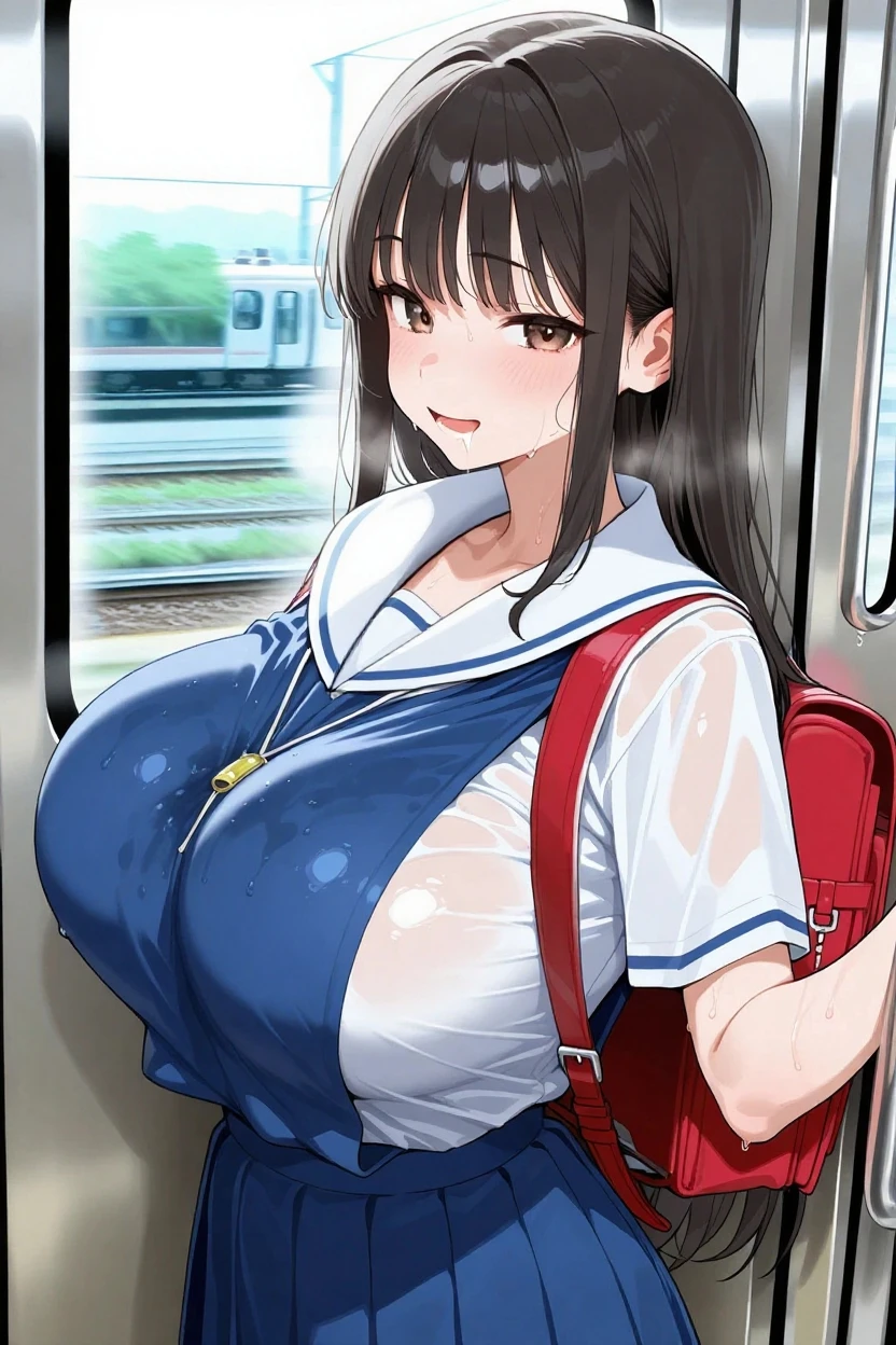 Score_9, score_8_up, score_7_up, score_6_up, score_5_up, score_4_up, source_realistic, solo, 1girl, student, young female, sagging huge breasts, wide hips, thick thighs, huge areolae, areola slip, black areolae, standing in train, sideview, detailed eyes, brown eyes, looking at viewer, pov, crowded, sailor uniform, sleeveless, bracelet, brushed smile, collarbone, head tilt, hairy stomach hair, hairy armpit hair, bukkake cum shot, sperm, raper with big penis, Japanese, realistic