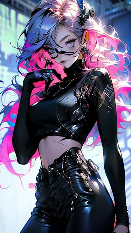 (((masterpiece, best quality, illustration, extremely detailed, 8k, 4k, 2k))), (1girl), ((shiny hair, multicolored hair)), ((iridescent hair)), ((face mask) ), ((teal neon light)), ((hands behind back)), (black jacket), (((purple retro background))), (looking at viewer), (black pants), ((butterflies )), (looking at viewer), (upper body)