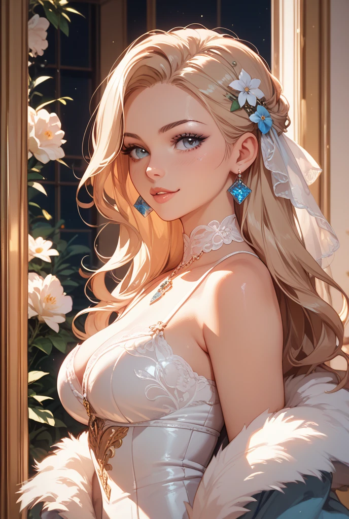 (masterpiece, best quality, beautiful and aesthetic:1.3), A beautiful elf lady, look back, side view, 1 elf girl, (solo:1.3), light smile, (honey blonde hair streaked beige:1.4), (Gradient sliver hair ends:1.6), hair strand, absurdly long hair, single sidelock, wavy hair, shiny hair, floating hair, (sky blue eyes), delicate eyes, aqua eyes, super high detailed eyes, long upper eyelashes, eyes makeup, red lips, Focus on face, Very detailed facial, (Pretty Face:1.3), Perfect medium chest, slim body, porcelain skin, (Delicate skin texture:1.2), (Highly detailed skin:1.2), bridal veil, lace-trimmed dress, see-through, wedding dress, (outdoors), white roses, garden, (morning), detailed background, beautiful background, standing, whole body, extreme detailed, Edge lighting, two color lights, 8K UHD, Bokeh, イーブイの絵, soft light, Volumetric lighting, confess, warm tone