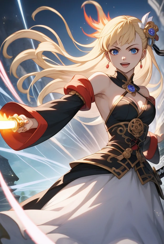 Have a Kagura from the Mobile game Leyens Bang Bang as she is but her eyes are bright and menacing but do everything manga style without color but only the eyes shine with color 