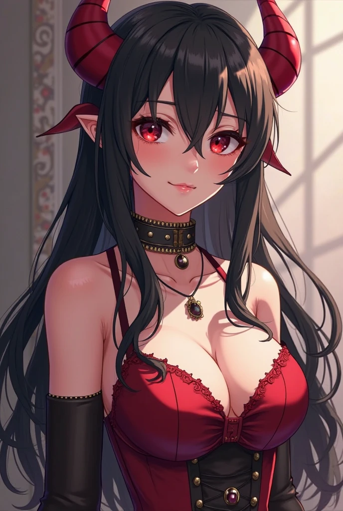 (masterpiece, best quality, ultra detailed), (perfect face, detailed face), (detailed background, complex background:1.2), full-face blush, looking at viewer, dark room, depth of field, ray tracing, sitting, thick thighs, crossed legs, smirk, mature female,looking back, from behind, huge ass, ix elizabetta, light smile, blonde hair, very long hair, ponytail, red eyes, horns, pointy ears, hair bow, IxSchoolUniform, brooch, bridal garter, red skirt, navel, puffy sleeves, standing, looking at the viewer, indoors, large breasts, pink lips, bent over, ;o, wide hips, library, smirk, thick thighs,