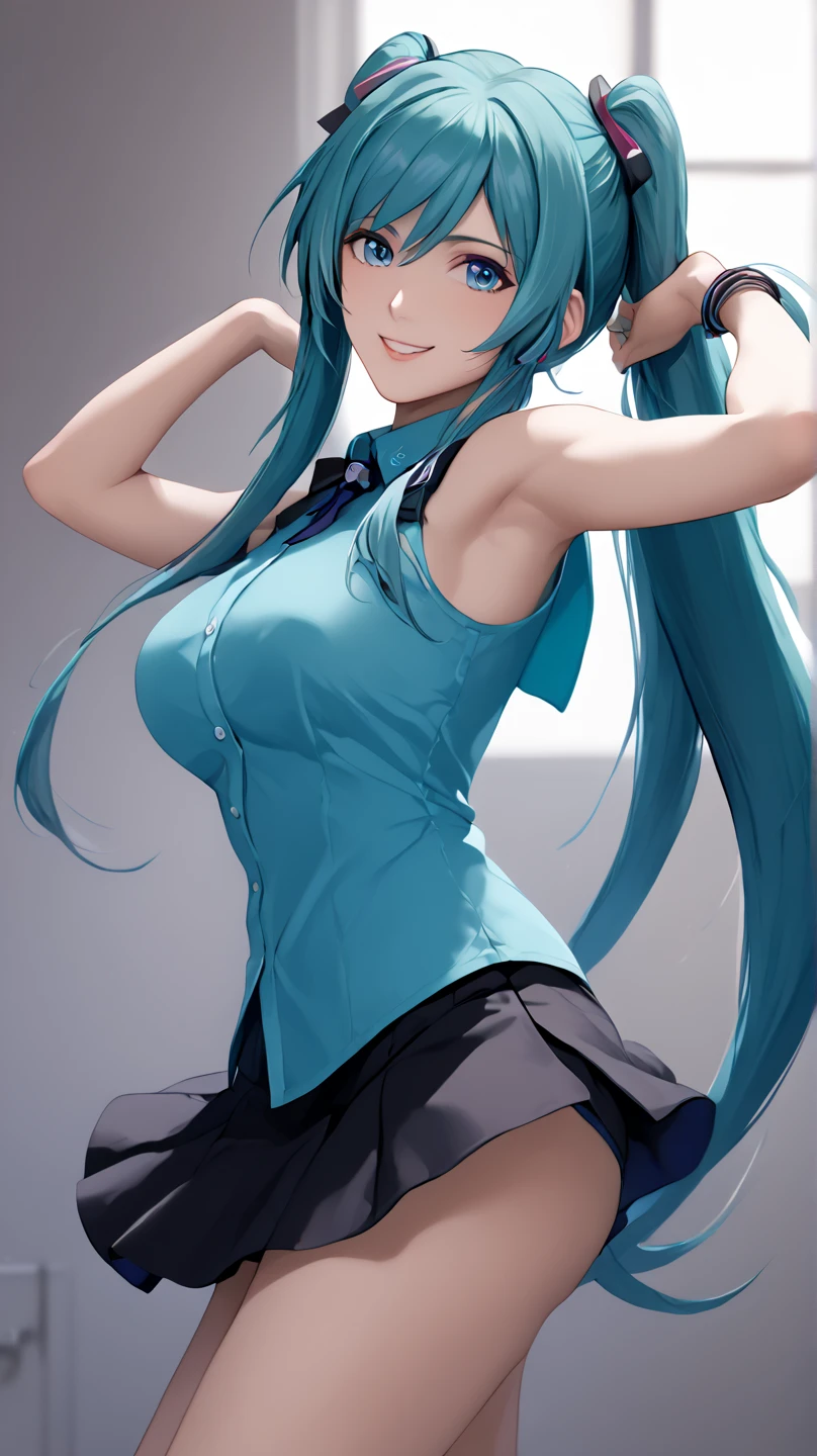 masterpiece, hatsune miku, White shirt, Blue tie, Exposing shoulders, The sleeves are separated, Evil Smiley Face, Dark Skin, Red eyes, Iris, Pupil orange,
