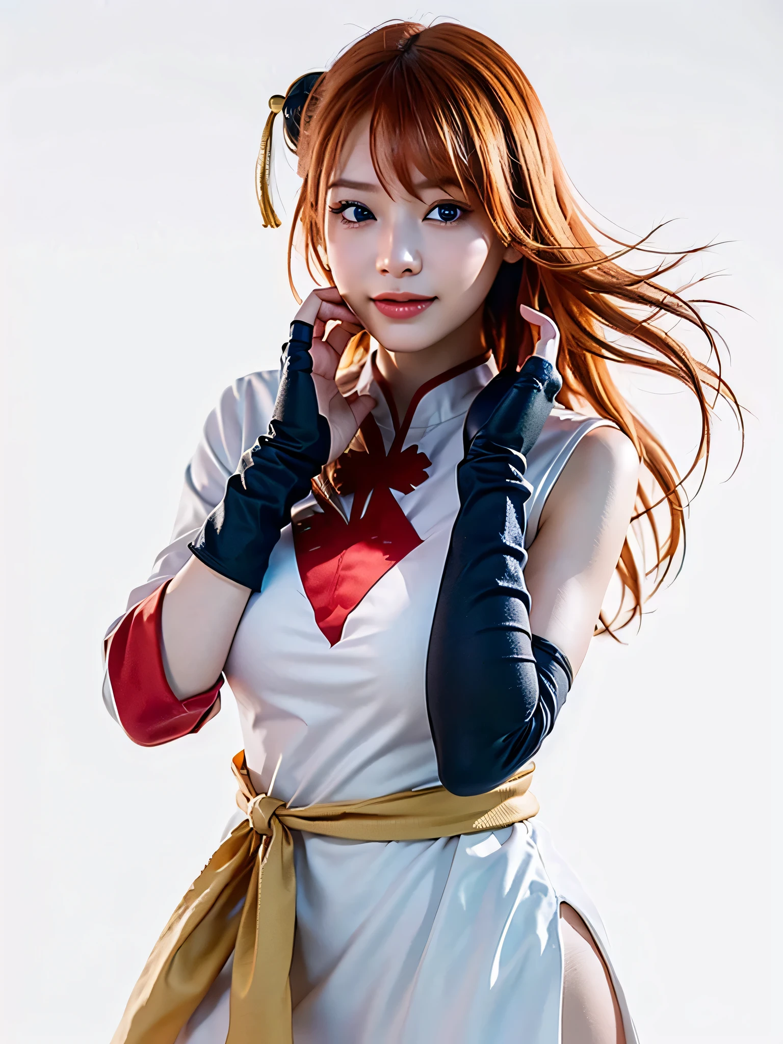 1girl, solo, cute chinese girl, smile, clear makeup, pink eye shadow, 
kgr2, 1girl, white dress, asymmetrical gloves, chinese clothes, side slit, black gloves, china dress, uneven gloves, (right hand gloves, left elbow gloves), thighhighs, white hanfu, flowing white robes, 
long hair, (light orange hair, diagonal bangs), (, pointy  :1.5),
cowboy shot, looking at viewer, stylish pose, dynamic angle,
(masterpiece, best quality:1.4), (8k, raw photo, photo realistic:1.2), cinematic lighting, soft lighting,
, shiny skin, detailed skin, detailed face, detailed eyes,
((simple white background)),