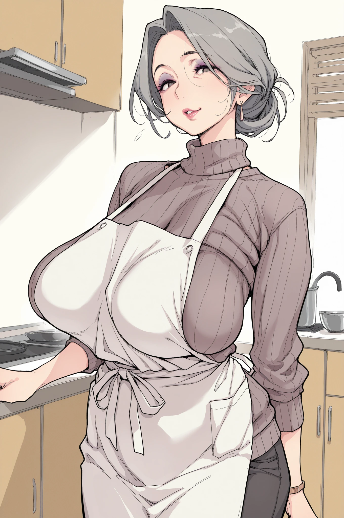 (Modern house interior/), Only one woman, Mature Woman, /(blue ribbed Sweater/), bangs, Black Hair、Bobcut、A gentle, blushing smile, (Masterpiece Top quality:1.2) Delicate illustrations, Very detailed, Large Breasts、No bra、Very good、((Sweat,vapor,Vulgarity))、Tight sweater、
