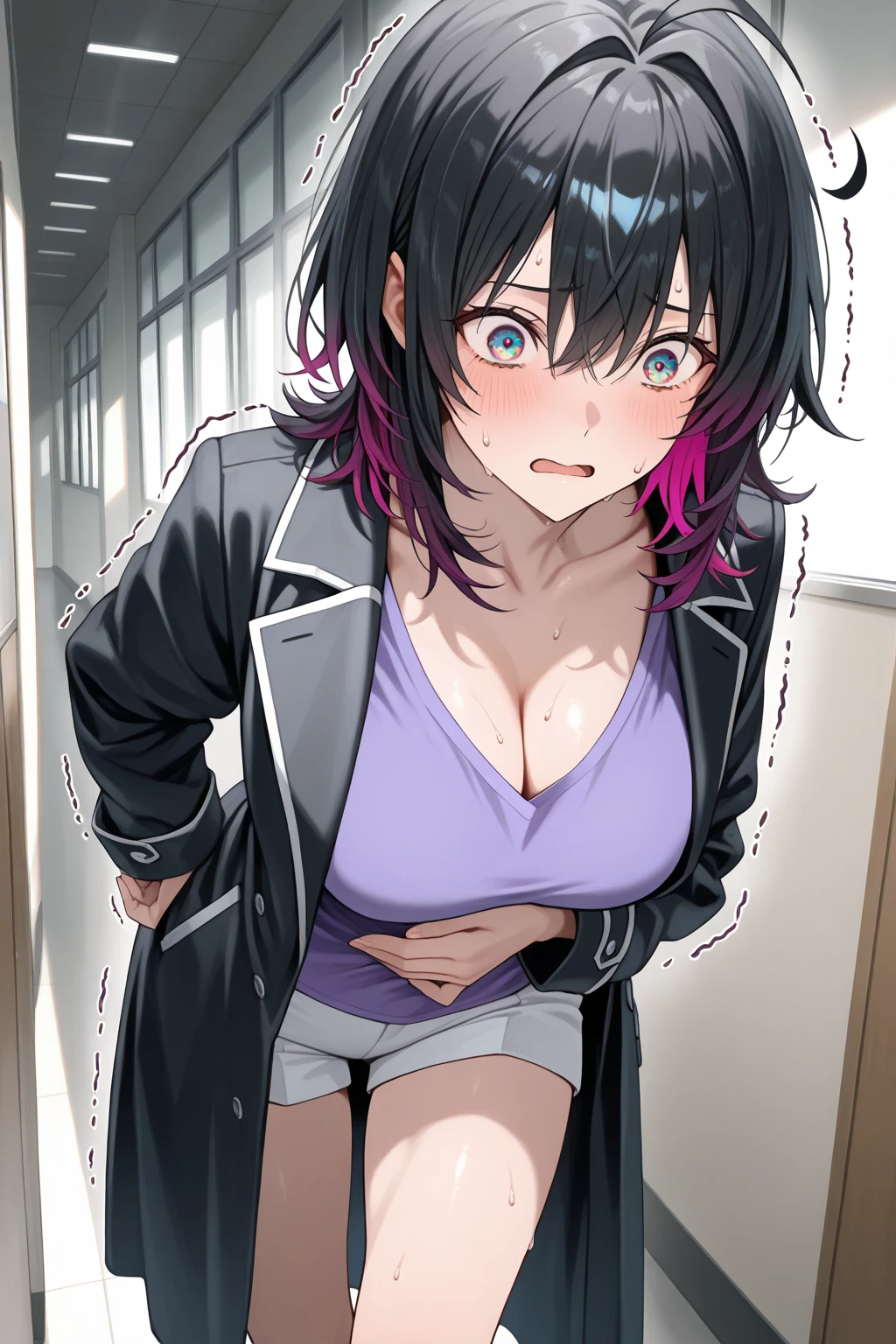 Haruno Yukinoshita, Haruno Yukinoshita, short hair, Hair between the eyes, (black目:1.5), black髪, Gradient Hair, Two-tone hair, Purple Hair, ３０Attractive woman in her teens,
break shirt, whiteのシャツ, Collared shirt, cardigan, black_Open_cardigan,
break outdoors, town, null, sun, people々々, crowd, building, cloud,
break looking at viewer,
break (masterpiece:1.2), Highest quality, High resolution, unity 8k wallpaper, (shape:0.8), (Beautiful details:1.6), (Highly detailed face:1.5), Perfect lighting, Extremely detailed CG, (Perfect hands, Perfect Anatomy), (black_One_Tight Skirt:1.5), (blush), (anger), (Large breasts), (Wide pelvis:1.5), (Thick thighs:1.5), (Lift up the skirt:1.5), (スカート that rolls up:1.5), (gangbang:1.5), (white_panties:1.5), (Detailed pussy:1.5),(From below to above the crotch:1.5)