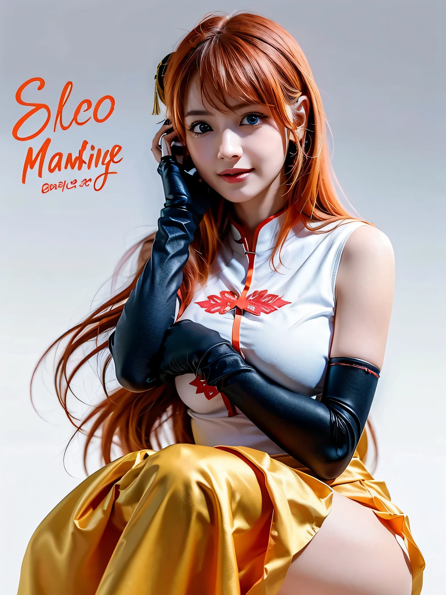 1girl, solo, cute chinese girl, smile, clear makeup, pink eye shadow, 
kgr2, 1girl, white dress, asymmetrical gloves, chinese clothes, side slit, black gloves, china dress, uneven gloves, (right hand gloves, left elbow gloves), thighhighs,
long hair, (light orange hair, diagonal bangs), (, pointy  :1.5),
cowboy shot, looking at viewer, (hands in own hair:1.35), on one knee, active pose, dynamic angle,
(masterpiece, best quality:1.4), (8k, raw photo, photo realistic:1.2), cinematic lighting, soft lighting,
, shiny skin, detailed skin, detailed face, detailed eyes,
((simple white background)),