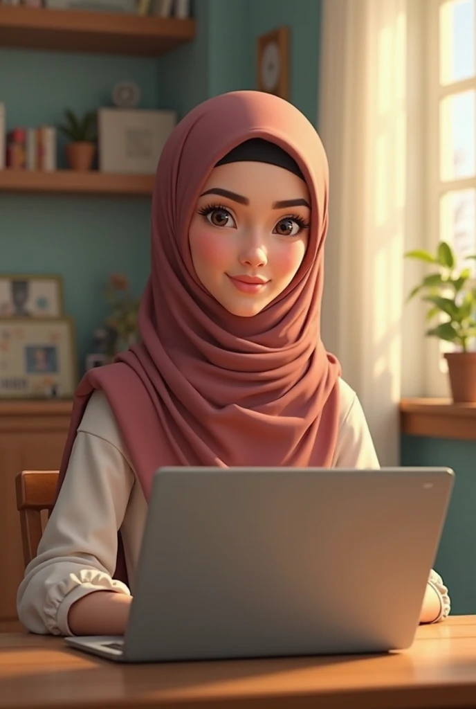 A 22 years old cute girl sitting on a chair with laptop..busy to writing a code. With a side position.She wearing a full hijab. And a back screen is coading screen on the top name show "pirah" . The dressing is white
coate with pink scarf. Skin tone white wearing a watch in her hand. Small eyes. Small lips. Her eyes are looking down