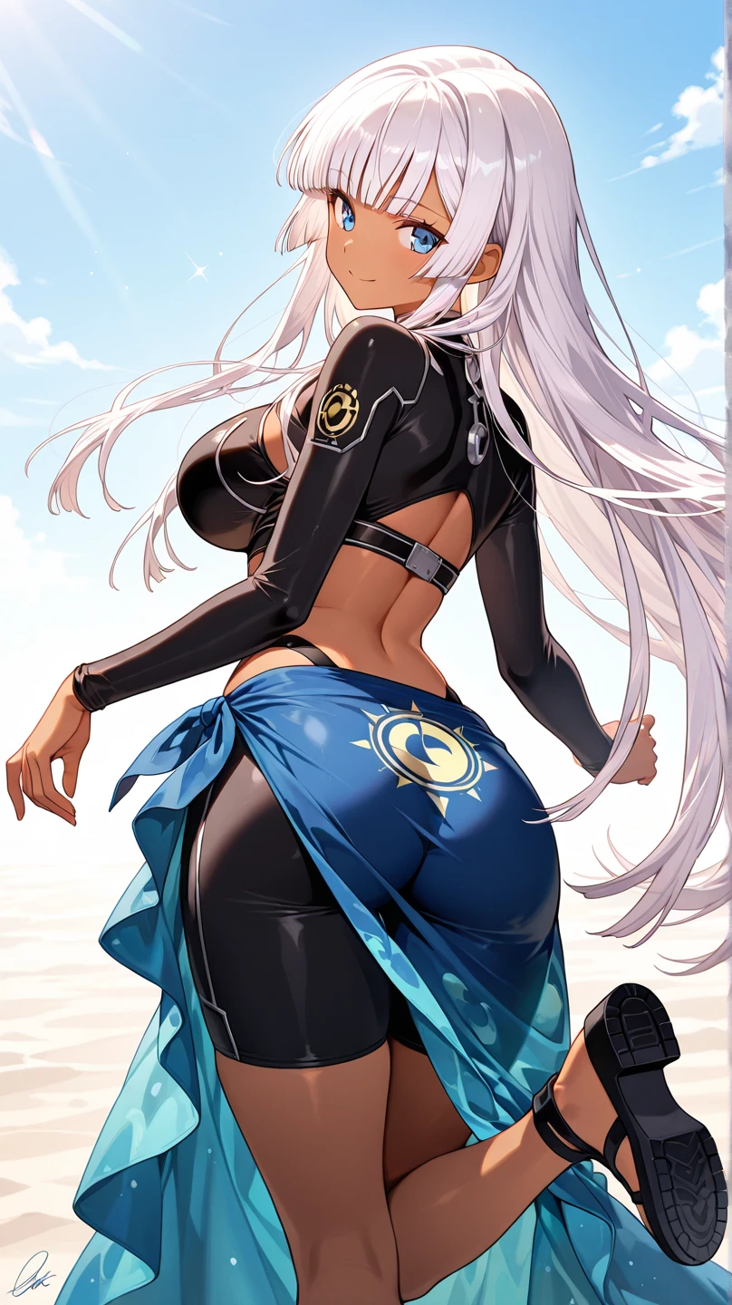 (Masterpiece, best quality), (highres, ultra-detailed), ( perfect anatomy), outdoors, 1girl, solo, sela, large breasts, tan, necklace, white sleeves, muscular, , full body, priestess, church, religous, pants, coat, pullover, boots, body suit, big robe,black body suit, robe, short hair