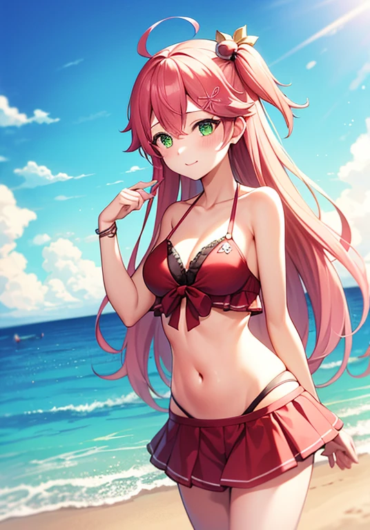 paf_bikini, dark, ad, [[[freckles]]], , fashion show, cameltoe  feathered hair, 1girl, solo, pool, clear water, underwater highlights, water highlights, long tousled hair, spiky hair, tousled hair, pink tousled hair, big hair, pale skin, medium breasts, navel, belly, cute style, thick line lines, red orange eyes, water drops, palm branches, sky 