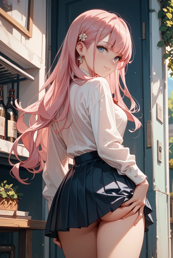 (8K、Top image quality、top-quality、masterpiece)、A detailed face、1 girl in、A pink-haired、((twintails))、Pink eyes、piercings、cry、shed tears、large full breasts、white shirt、((Bra visible through clothes))、((wet clothes))、Black pleated skirt、((a miniskirt))、thighs、cowboy shot、((Rain shakes))、Wet asphalt、((Back alley background at night))