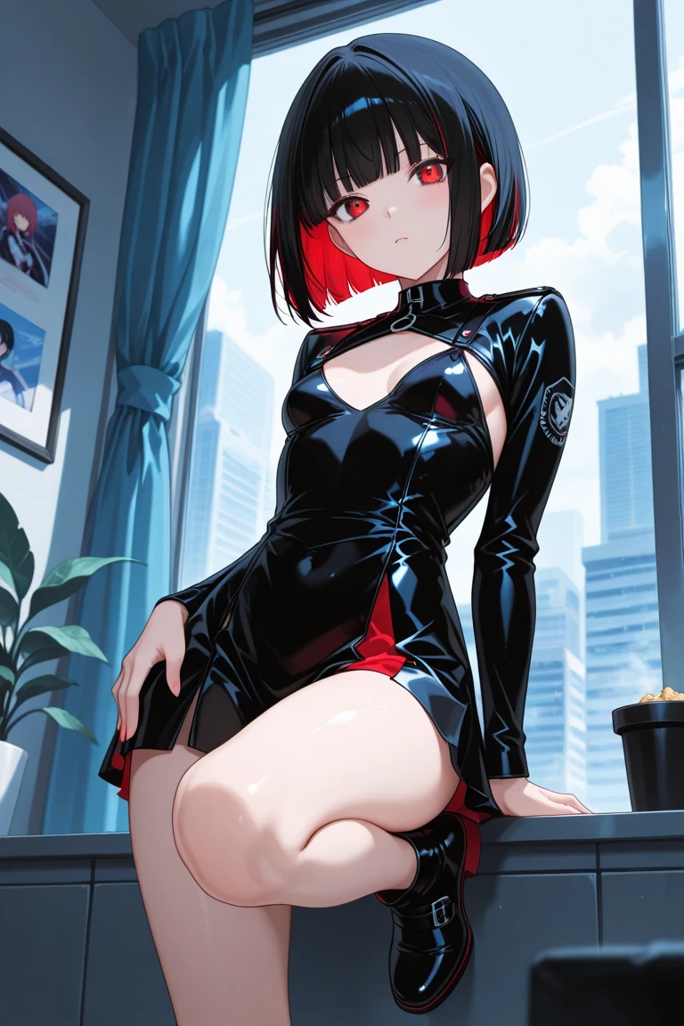 solo girl,Glossy metalic light silver tank top, tight latex shiny, Red interpolation color,Black hair bob,red eyes, camel toe, Samurai Sword,
Lift one leg, sexy lady,