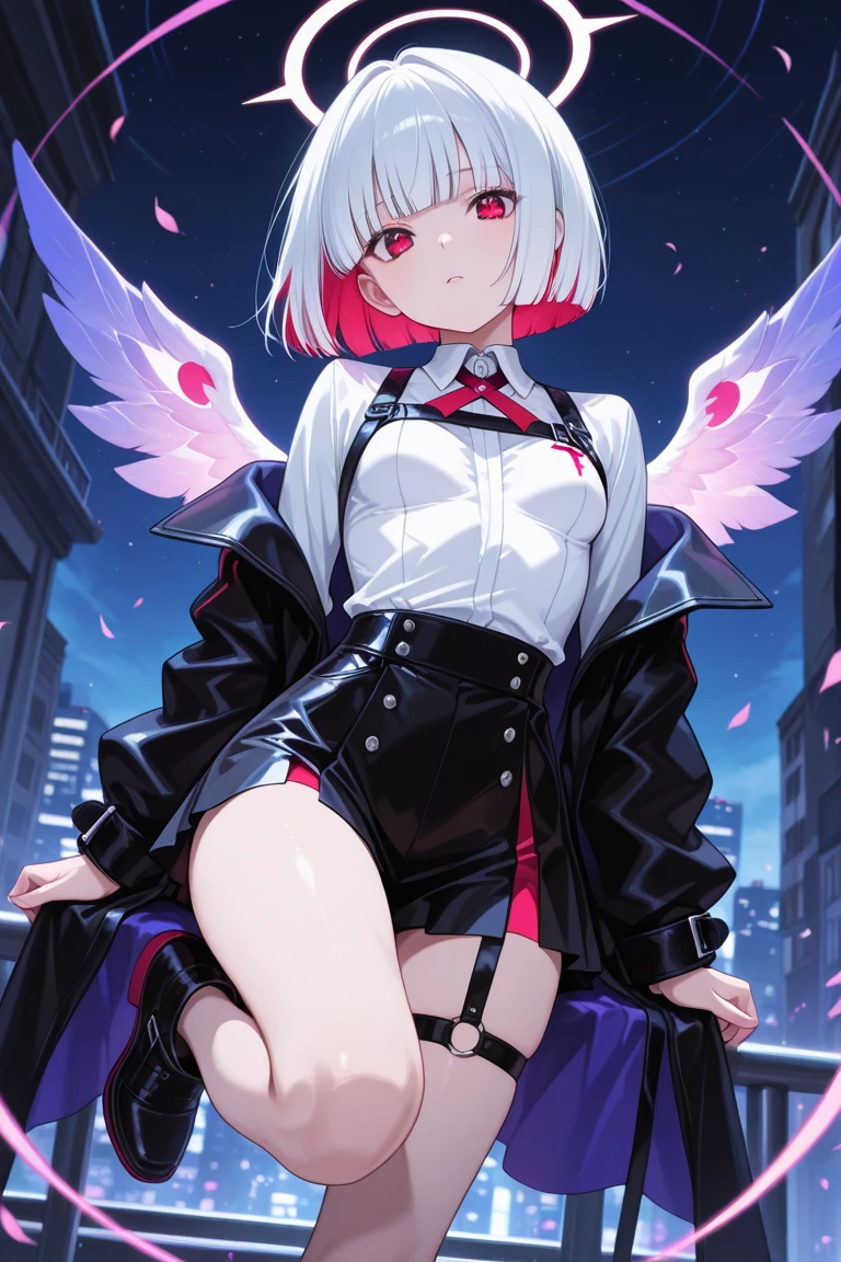 1 girl, alone, Whole body,Black eyebrows, Shiny Hair, (Iridescent white hair), Earrings, bangs, gem, mask, Brantbang, Red eyes,Blurred, hair ornaments, short hair, Side Lock,Platform boots,No panties pussy vagina pussy pussy no panties navel navel