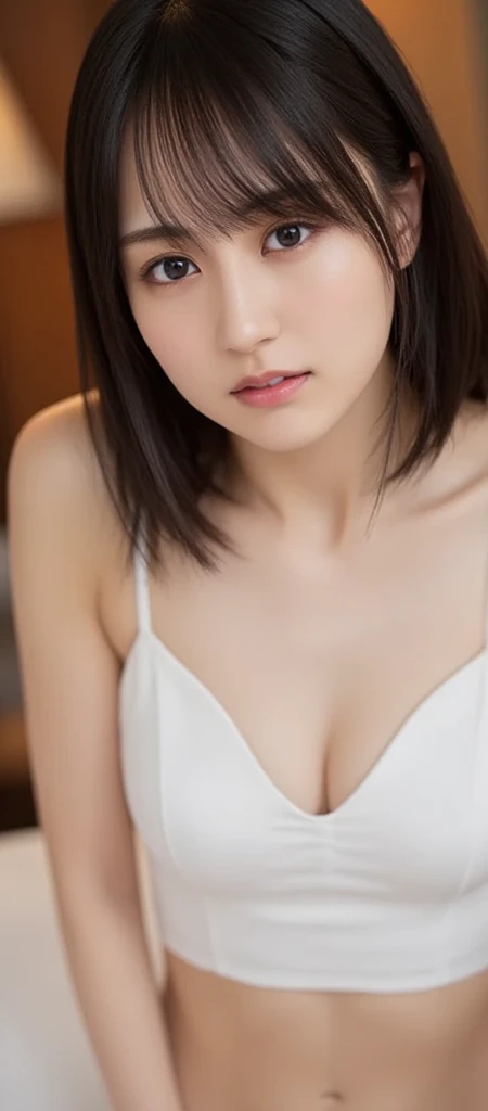 (tmasterpiece:1.3),(Best quality at best:1.4),Ultra-high resolution,(A detailed eye),(detailedfacialfeatures),(Detailed clothing features),HighDynamicRange,8K resolution, solofocus, Air bangs, skin tight, (Skin glows),(slender girl),ssmile,  Air bangs, Brown hair, Brown eyes,  girl, strapless bra, beige bra, navel,on bedroom