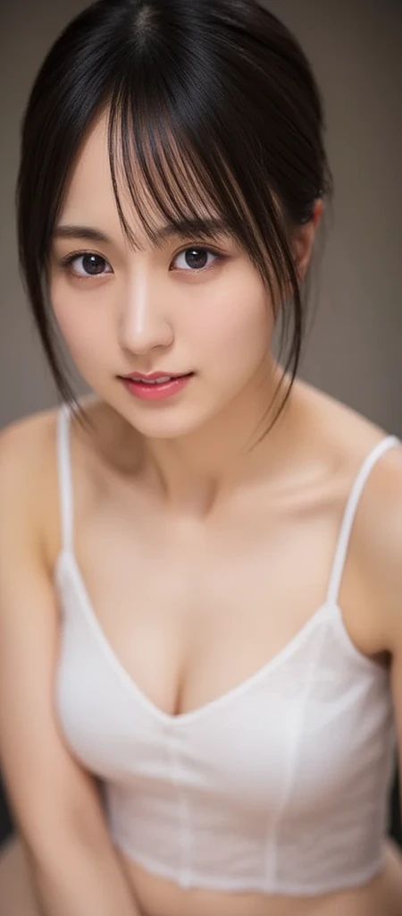 masterpiece、highest quality、official art、Highly detailed CG Unity 8k wallpaper、like 、very delicate and beautiful、超A high resolution、（Photoreal：1.4）、golden hour lighting、（Upper body）、（platinum hair：0.8）、（puffy eyes）、looking at the viewer、facing there、laughter、、、short black hair、White microbikini、See-through、wan wan style、return, Cleavage, Big Breasts, Beautiful abs, 