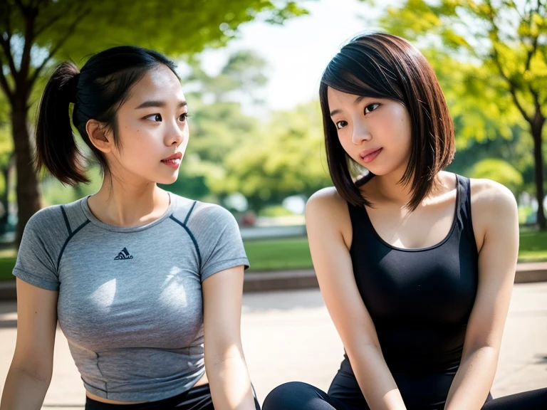 (The best quality, masterpiece), 1girl, athletic, outdoor, squat, looking at the viewer, 1 young woman,  Expandex Sports Panties,  sports bra, athletic, sports field, curve, whole body, Sports shoes , clash, squat, open leg, sitting facing forward symmetrical image