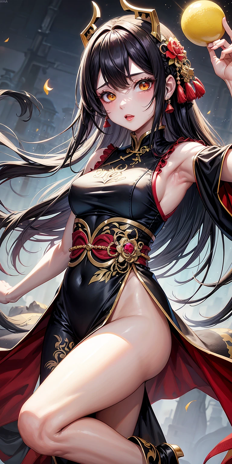 NSFW,1girl,Fantasy,Ancient Chinese Scriveners,Eyes closed,Black Hair,Long Straight Hair,Big Breasts,smile,Full Art,whole body,China dress,Scrivener&#39;s Hat,Possess an open scroll,Books Flying in the Air,Kanji characters appearing from books,Ancient Chinese Courts
