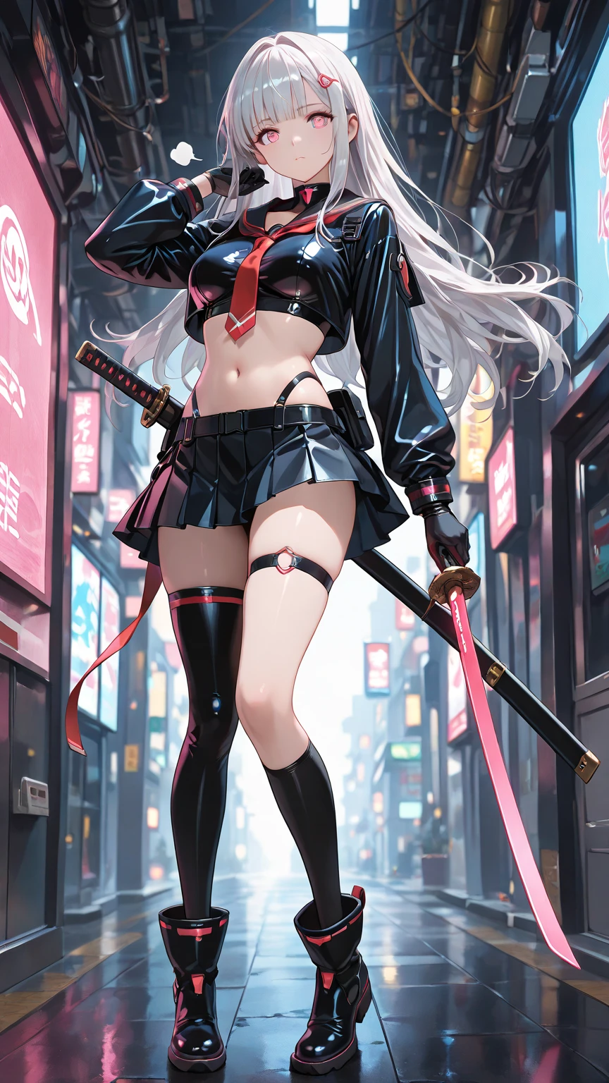 (Masterpiece), (Best Quality), Realism, Cinematic Light, Cool Pose, Battlefield Background, Perfect Figure, White Eyes, Short Pink Hair, Full Body, Long Legs, Pink Miniskirt, High Heels, Pink Longsword in Hand
