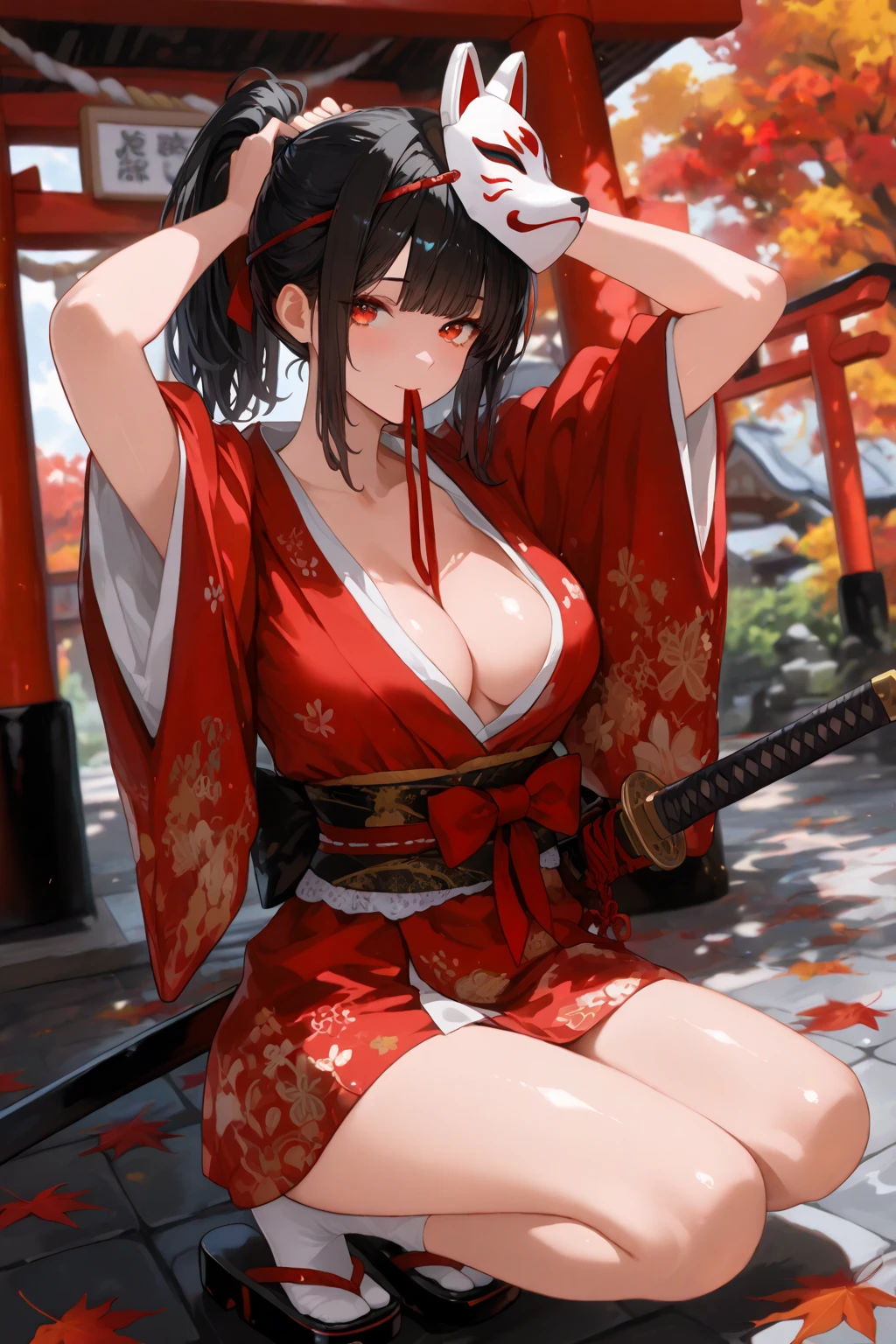 sexy female crow tengu、Japanese traditional UMA tengu, sexy japanese monk costume, Sexy brown skin, Nice sexy body、tanned healthy sexy skin、One lady、Red hair ornament、((Black Japanese style sexy costume))