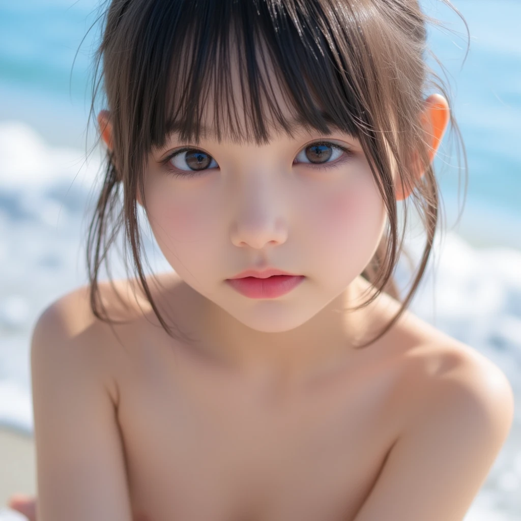 ((Detailed and realistic faces)), (10 years old), girl, (Baby Face:1.3), (Small and thin body:1.2), (Cleavage), Beach, (nude), Bob Hair, BREAK, (Brown Hair), BREAK, ((Expressions of Ecstasy)), (Open your mouth), (No makeup), ((Having sex with a boy)), ((Leg spread))