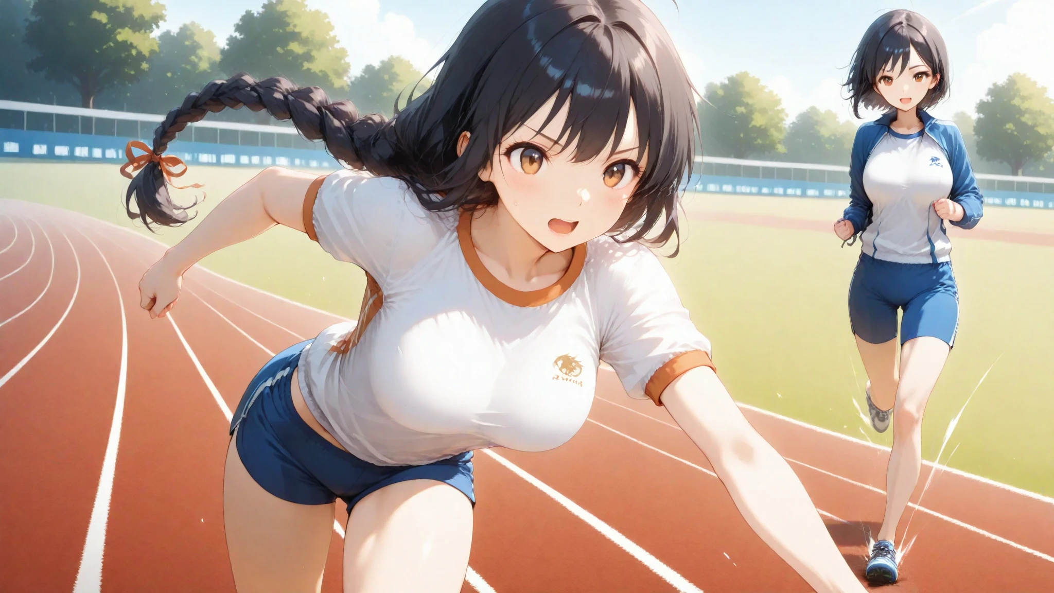 ((masterpiece,best quality anime,Highest quality:1.3)),realistic,cowboy shot,20 year old beauty,独奏,1woman,((very small head:1.3)),((very long body:1.2)),ideal ratio body proportions,tan skin,brown hair,bangs,straight long hair,gorgeous eyes,brown eyes,Heavy breathing、White tank top、Light grey cotton shorts,((slender body,skinny,toned body)),sweat:1.3,small breasts,gleaming skin,(running:1.3)、During training、Running course、playground、Tokyo、
