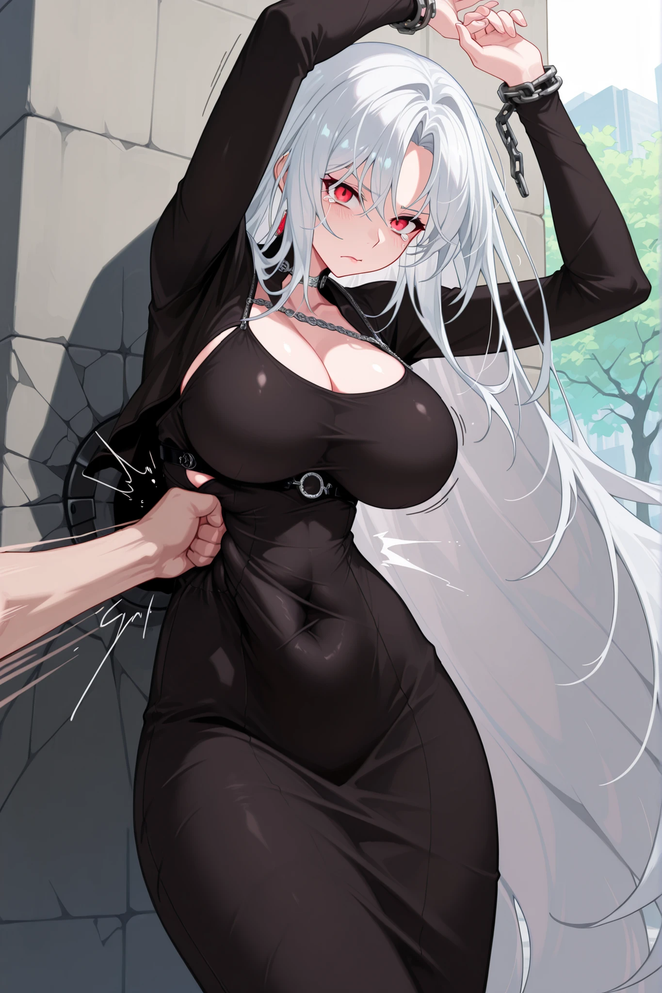 masterpiece,best quality,highres,Super detailed,very detailed,highest quality,super detailed,high quality,high-definition,extremely detailed, absurdres,perfect lighting,outdoors,hanging all hands over head,hanging two hands over head,chain restrict her wrist,straight body,Straight body,Straight Body,straight belly,Straight belly,Straight Belly,sexy,sexy belly line,Sexy belly line,Sexy Belly Line,(((((bellypunching,Bellypunching,Belly punching,Belly Punching,belly punching:1.2))))),
*//*,pectre_neo,1girl,solo,white hair,long hair,very long hair,red eyes,large breasts,cleavage,score_9,score_8_up,score_7_up,score_6_up,dongtan dress,Dongtan dress,Dongtan Dress,black dongtan dress,Black dongtan dress,Black Dongtan Dress,taut clothes,impossible clothes,no sunglasses,lipstick,off shoulder,
*//*,looking at viewer,small tears