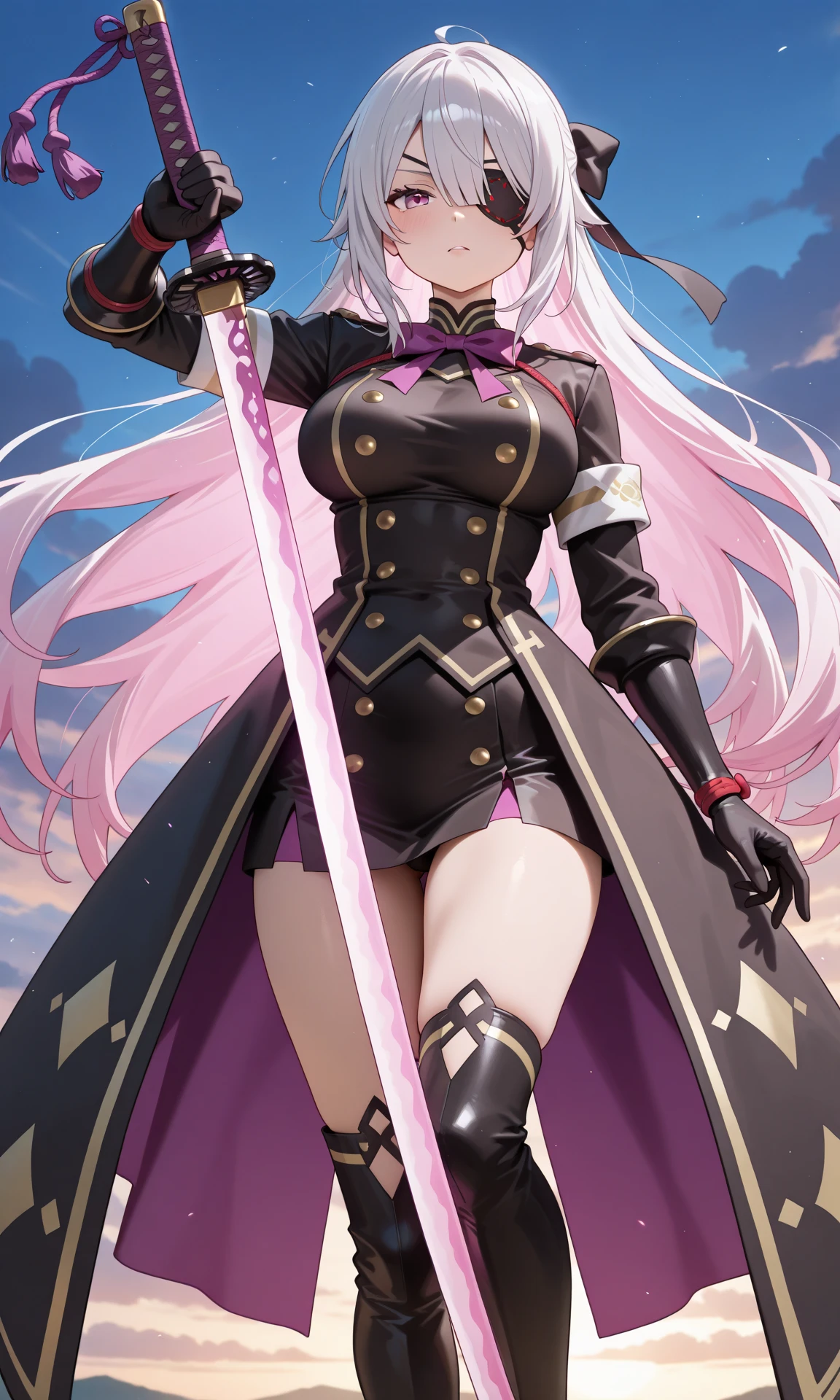 Emilia re:zero, purple eyes, Emilia, crown braid, x hair ornament, flower hair ornament, white hair, long hair, medium breasts, slim legs, laughing, cleavage, short skirt, navel, adventurer, thigh high socks, stand, long hair, short skirt, durandal, guild