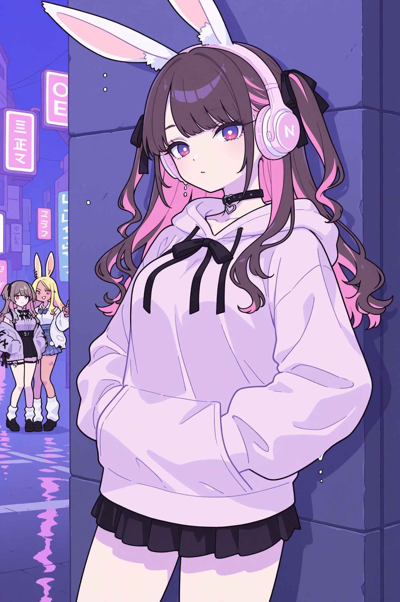 Fantasy poolside,Anime white hair girl with headphones, wearing rabbit ears,cyberpunk outfit,Party night with colorful lights, Futuristic Disco, Colorful Sunglasses, Cute stuffed rabbit, Cute art style, Anime Style 4k, Futuristic Speaker,vivid color
