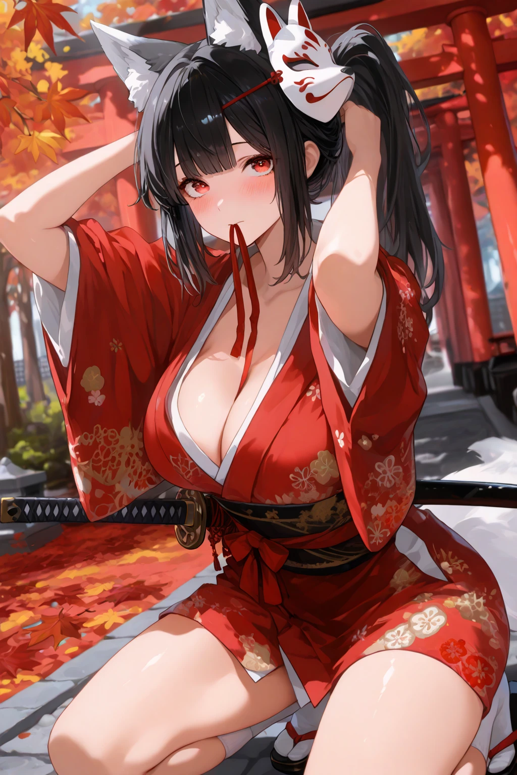 ((masutepiece)), Best Quality, Super Detail, HDTV, Highly detailed CG unified 8K wallpaper, Perfect Anatomy, Detailed hand, ((((High angle,beautiful kimonos,Red kimono,Japanese dress,Dazzling)))), (One woman with big breasts with sexy charm), ((,Open chest,Legs seen from the hem of a kimono,No Underwear)), ((Full body)), (dynamic compositions), High definition beauty face, (Eye of Detail: 1.4), (Wet body)), Shiny skin, Fine-grained skin, Fine-grained hair, Cowboy Shot, Big background, (Colored leaves,momiji)