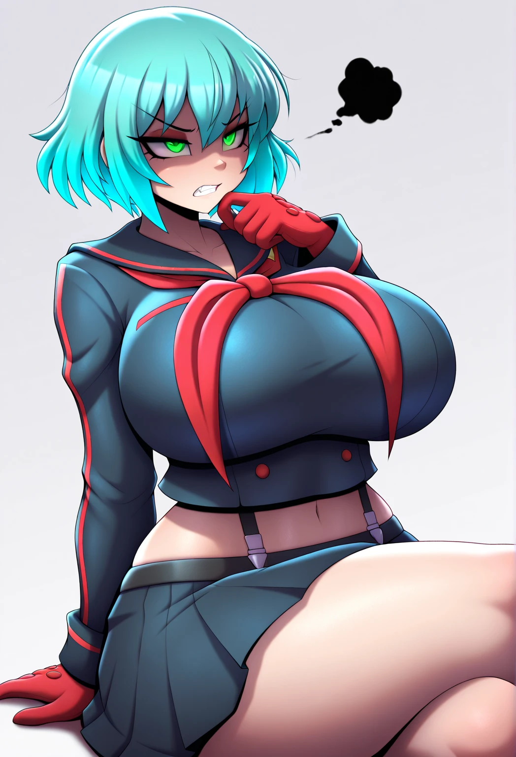 short hair and light blue hair, happy face, Black face mask, big breasts, red bodysuit, long black gloves, long black boots, black thong with a yellow i on her chest.