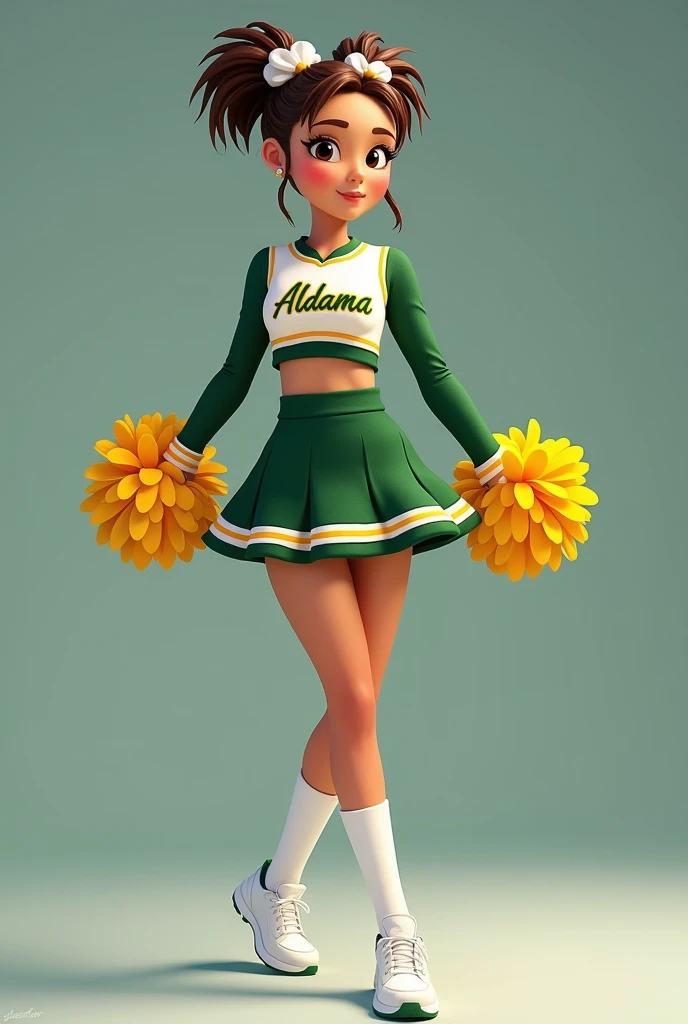 (((Masterpiece))), (Detailed), (Gold eyes), black hair, short, slim body, beautiful, perfect body, blue and white cheerleading outfit, soft body, perfect, medium hair length, bobbed haircut, cute, 18 year old girl, soft wavy hair, realistic, full lips, pink lip gloss