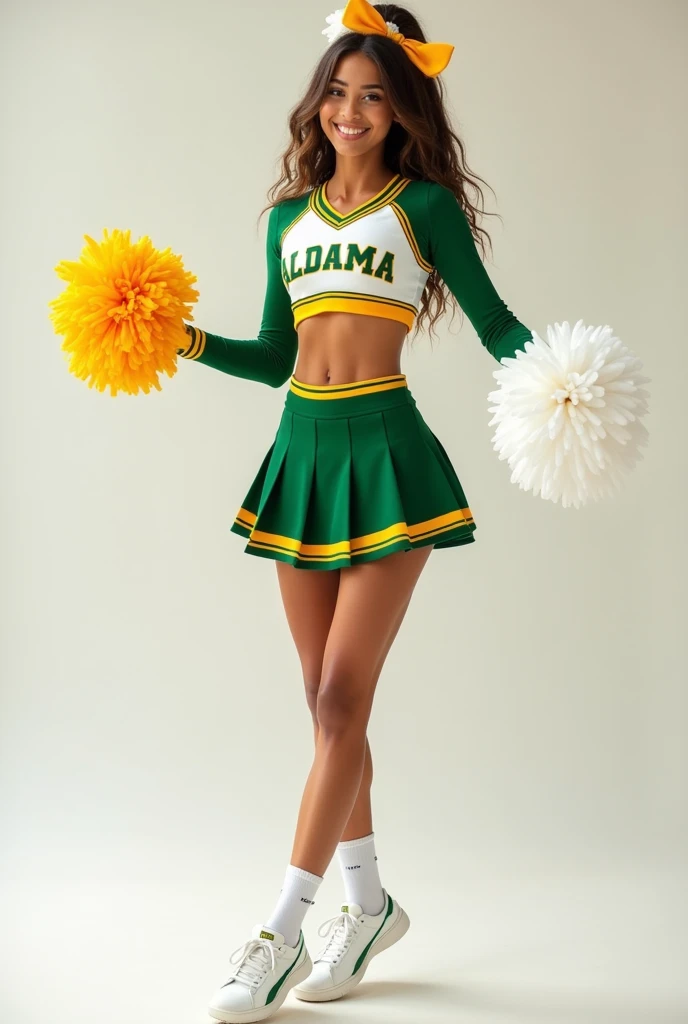 Sexy cheerleader, long wavy blonde hair with bangs. photo of 20 year old jp-katiaFinal-2600 ,long soft curls, bangs, light eyeliner, pink lips, standing outside in a stadium, standing on a football field , posing in a sexy cheerleader uniform (Green with White trim), pleated skirt, cheer crop top, and brown pantyhose, shaved vagina visible through light brown pantyhose, Canon EOS 5D Mark IV, 50mm f/1.8, 1/100s, ISO 160, Fujifilm Provia 100F, photorealistic, (((she lifts her green pleated skirt to show her tan pantyhose))) erotic cheerleader, lift your skirt to expose your pantyhose cameltoe, shaved vagina is visible through her flesh colored shiny high gloss pantyhose, she holds her leg up, standing split, no shoes, cute pantyhose feet, medium shot