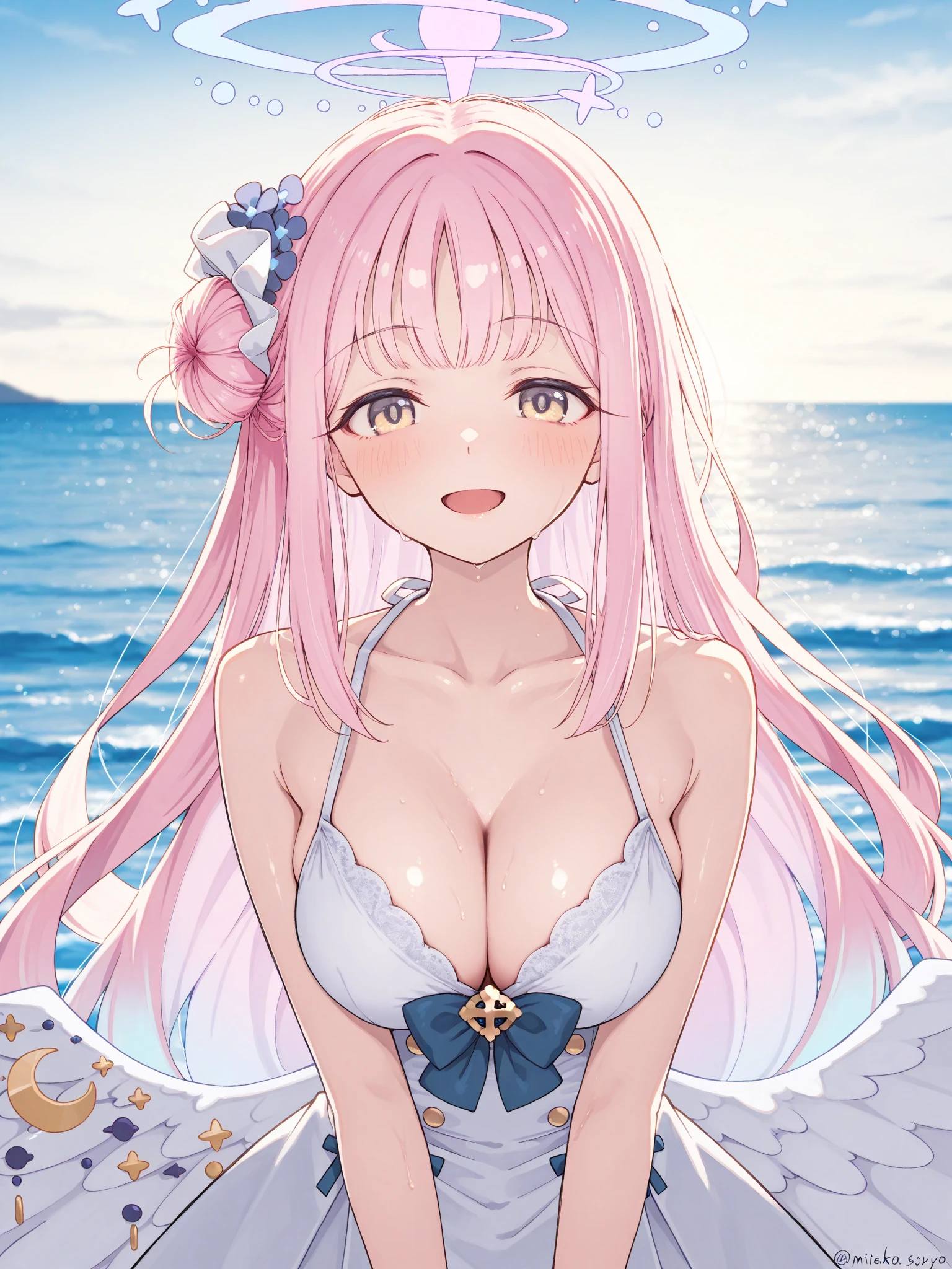 masterpiece, best aesthetic, absurdres, 1girl, solo, pink hair, braid hair, twin braids hair, long braid hair, shiny hair, yellow eyes, drooping eyes,round eyes, intricate eyes, smile face, hair ornament, hair flower, earrings, colorful, ornate dress, classical dress, white dress,party dress, lace trim, white ribbon, outdoors, seaside, sandy beach, seraph effects, shining effects, bloom,