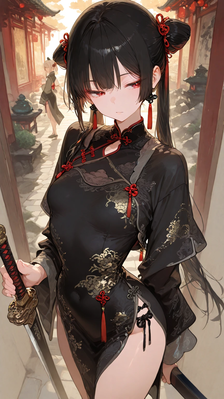 1 girl,(long nape),([black hair):(red hair):0.3],green eyes, black china costume, midnight , cowboy shot,gauntlet,from front, masterpiece,best quality, ultra details,pure color,soft line,soft touch, {{watercolor}},transparent eyes 