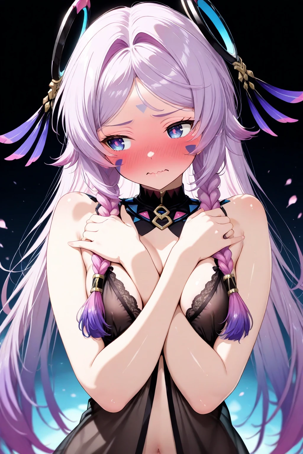 ((Pink and black twin-tailed beautiful girl, 20 years old)) ,(((anime-style cute face)))、(((nude)))、Highest quality、超High resolution、High resolution、Extremely detailed CG、8K Unit Wallpaper, Very smiling, (((Small beautiful breasts))), Beautiful and seductive,Highest quality, Best Anatomy, (The white kimono is wide open)、The black lace underwear is transparent、Cleavage、Cute nipples、Large and muscular thighs、Depth of written boundary、Focus is on the face、blush、Lewd、Close-up of face and chest、(Healthy female body)、looking at the camera、Filmed at a luxury love hotel、Shot with a standard lens、((Photographed from diagonally in front))、Lewdな雰囲気、Used Condoms
