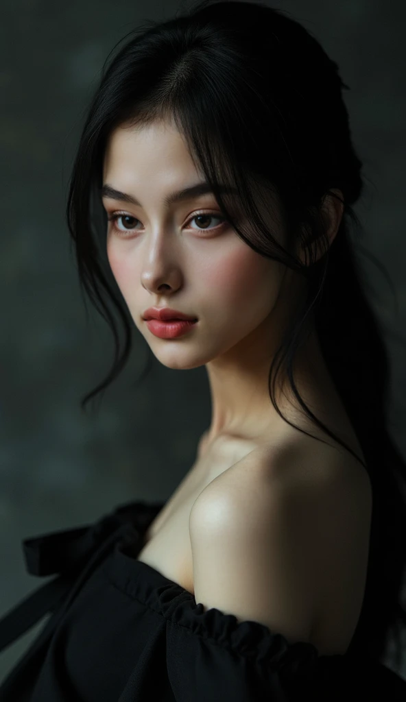 young woman, Asian , long side shaved hair, kimono with open neckline , dark shaped eyes,mature and courageous woman  , realistic ART 