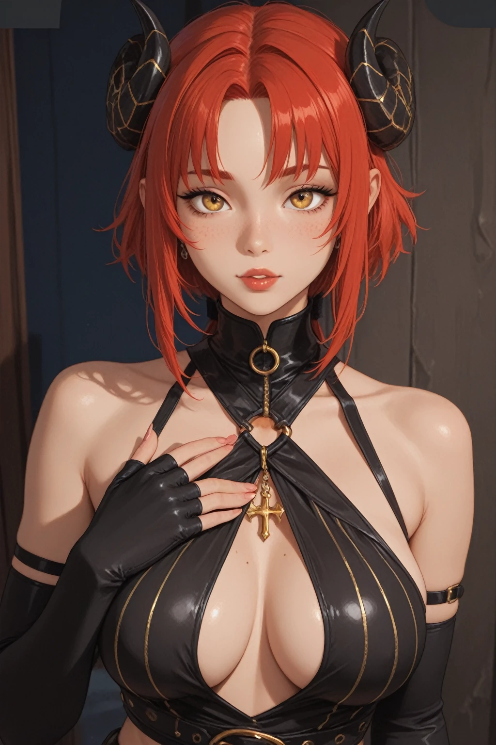 ((high detailed, best quality, 4k, masterpiece, hd:1.3)), ((best quality)), (((HD))), (((8k))), (ultraDH), (ultra HD), Snowy Forest background, snowflake pattern, Princess Daisy, blue eyes, BREAK blue eyes, seductive, attractive, smooth anime cg art, 36C breasts, long legs, vivid colors, detailed digital art, slim body, perfect skin, dark blonde hair, long hair, blonde hair, blonde hair, BREAK crown, cleavage, 36C cleavage, looking at viewer, BREAK looking at viewer, extremely detailed face, red santa suit, red santa claus suit, santa claus suit, earrings, gem, dark black makeup lips, dark gothic eyeshadows, dark eyeshadows, black eyeshadows, black sexy lips, black lips, (dark:1.2), dark lips, very dark lips, (perfect hands, perfect anatomy), black makeup, black medium lips, black thick lips, detailed fingers, five fingers per hand, 5 fingers, (1 girl), detailed lips, detailed black lips, black painted lips, gothic painted lips, BREAK night, night sky, (breast focus), (arms outstreched:1.2), (from above:1.1), (breasts out:1.3), (off shoulder:1.1), (white horns), (bra),