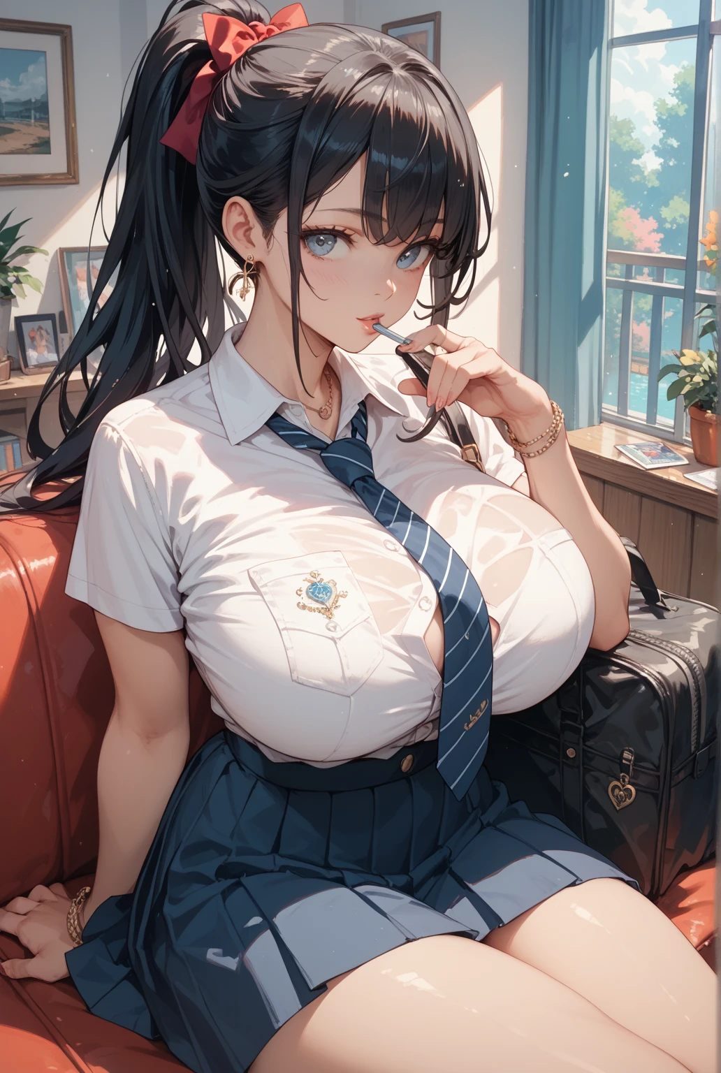 (best quality 2.0,4k,8k,high resolution 1.8 ,Masterpiece:2.0),ultra detailed,(realist,photorealist,photo-realist:1.37),portraits, Attire,high cut blue coat,blue miniskirt,White shirt,perky breasts,Beautiful detailed eyes,beautiful detailed lips,shy girl,blush,thick thighs,leaning over the desk,classroom lighting,realist lighting