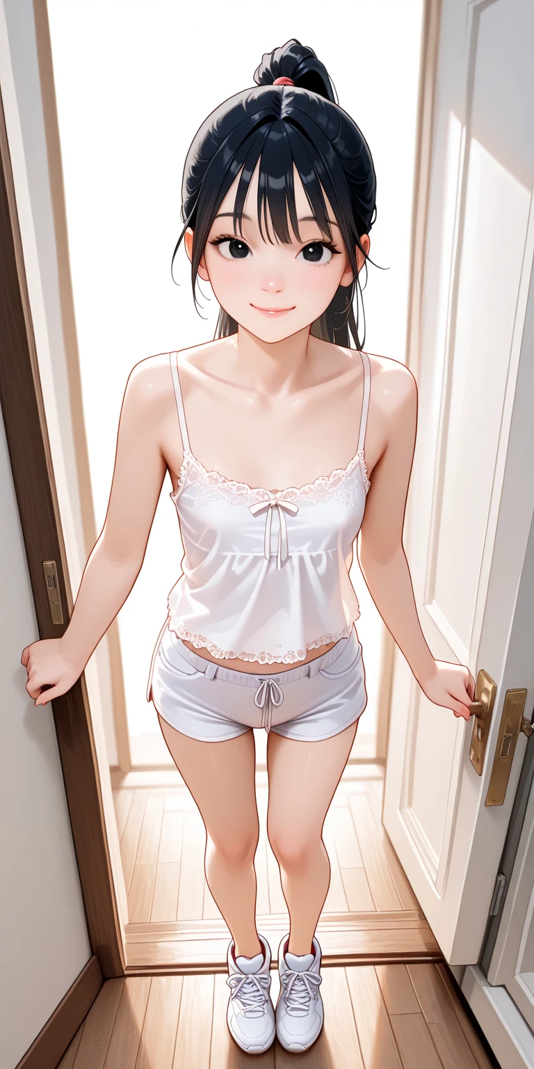 (​masterpiece、top-quality、hight resolution、photos realistic、real looking skin:1.1)、Japan girls at 15 years old、Beige hair、Short side ponytail、hair between eyes、short stature、thicc、full bodyesbian、(very small breasts:1.5)、Beautiful eyes、Shining eyes、embarrassed from、no bra、Chest Pochi、(Sheer white tank top:1.8)、is standing、(arms behind back:1.5)、(Bedroom at night:1.5)、(linen child panties:1.5)、nsfw