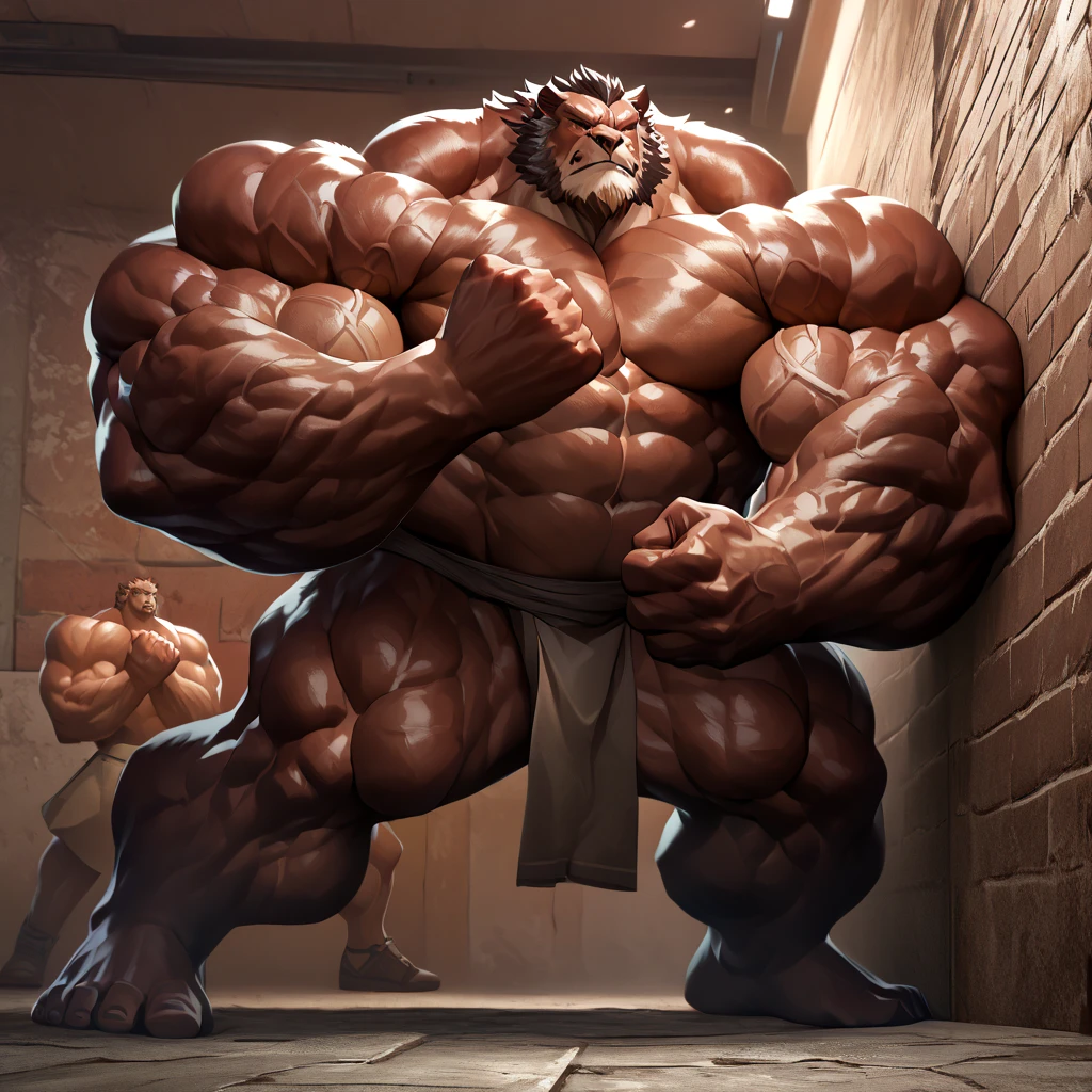 Expanded, showing off more of his muscular body,
Enhance his muscle structure. Add more muscles.
