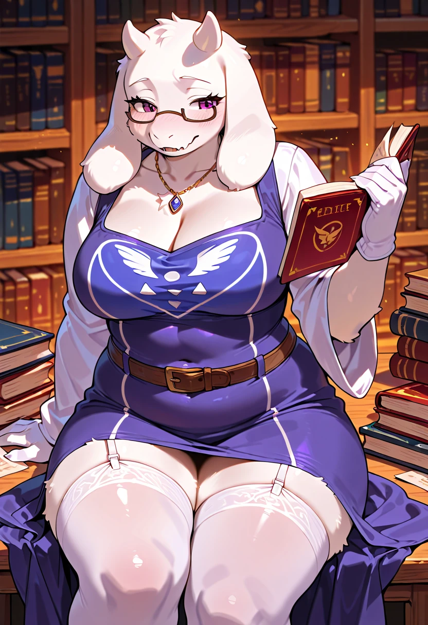 score_9, score_8_up, score_7_up, score_6_up, score_5_up, score_4_up, (solo), female white rabbit, solo, library, sitting, light purple hair, blue eyes, long length wavy hairstyle, vagina, nipples, digitigrade