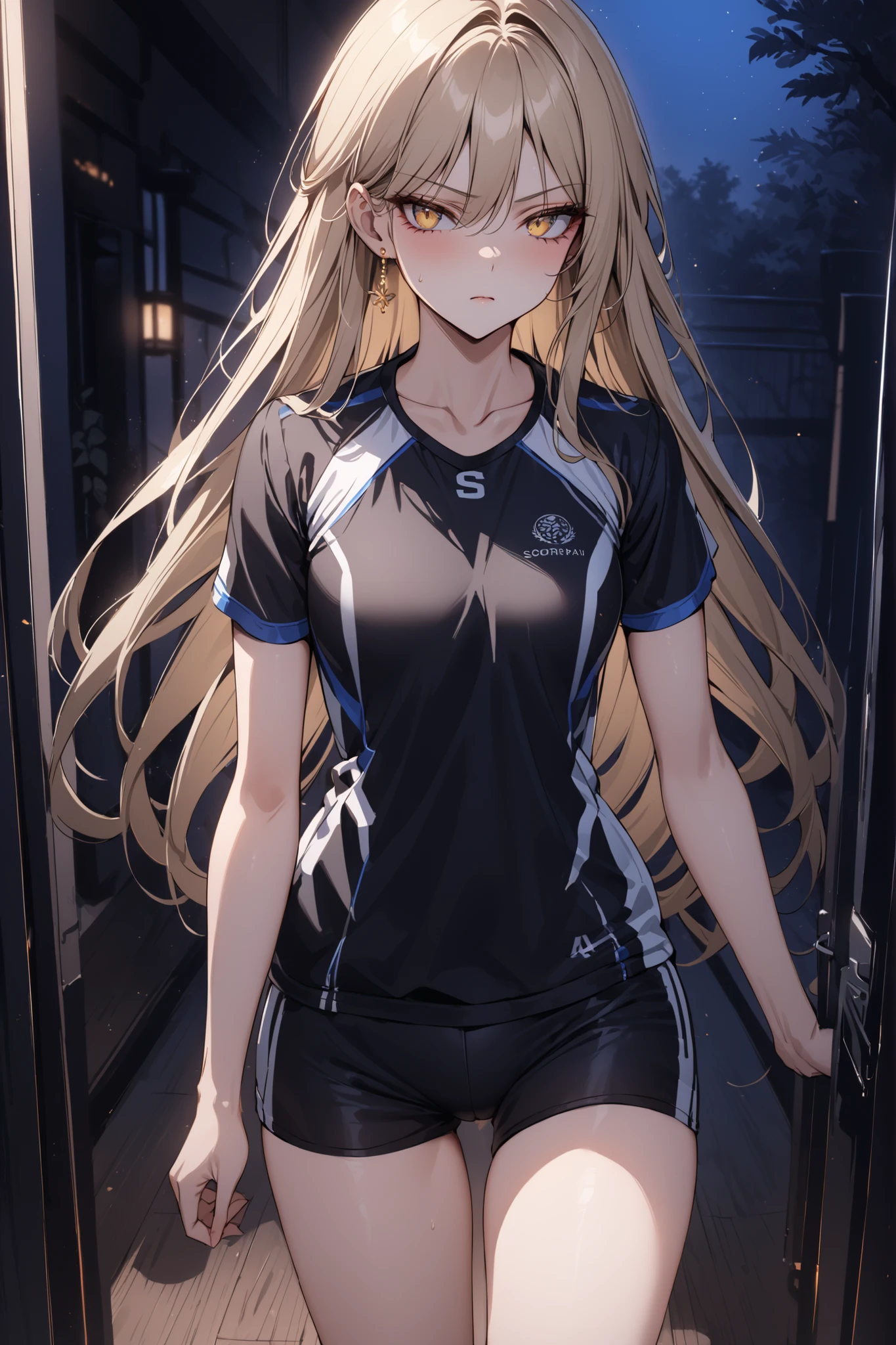 Blonde Hair, choker, (Green Eyes:1.5), Long Hair, break bare shoulders, blush, blush stickers, clavicle, Off the shoulder, Pentacles, wizard, (Blue clothes:1.5), break looking at viewer, break (masterpiece:1.2), highest quality, High resolution, Unity 8k, (shape:0.8), (Beautiful details:1.6), Highly detailed face, Perfect lighting, Highly detailed CG, (Perfect hands, Perfect Anatomy), Long sleeve, Gym suit, Shorts, Rolled up my sleeves, White shirt, playground, Make them smile , M-shaped legs