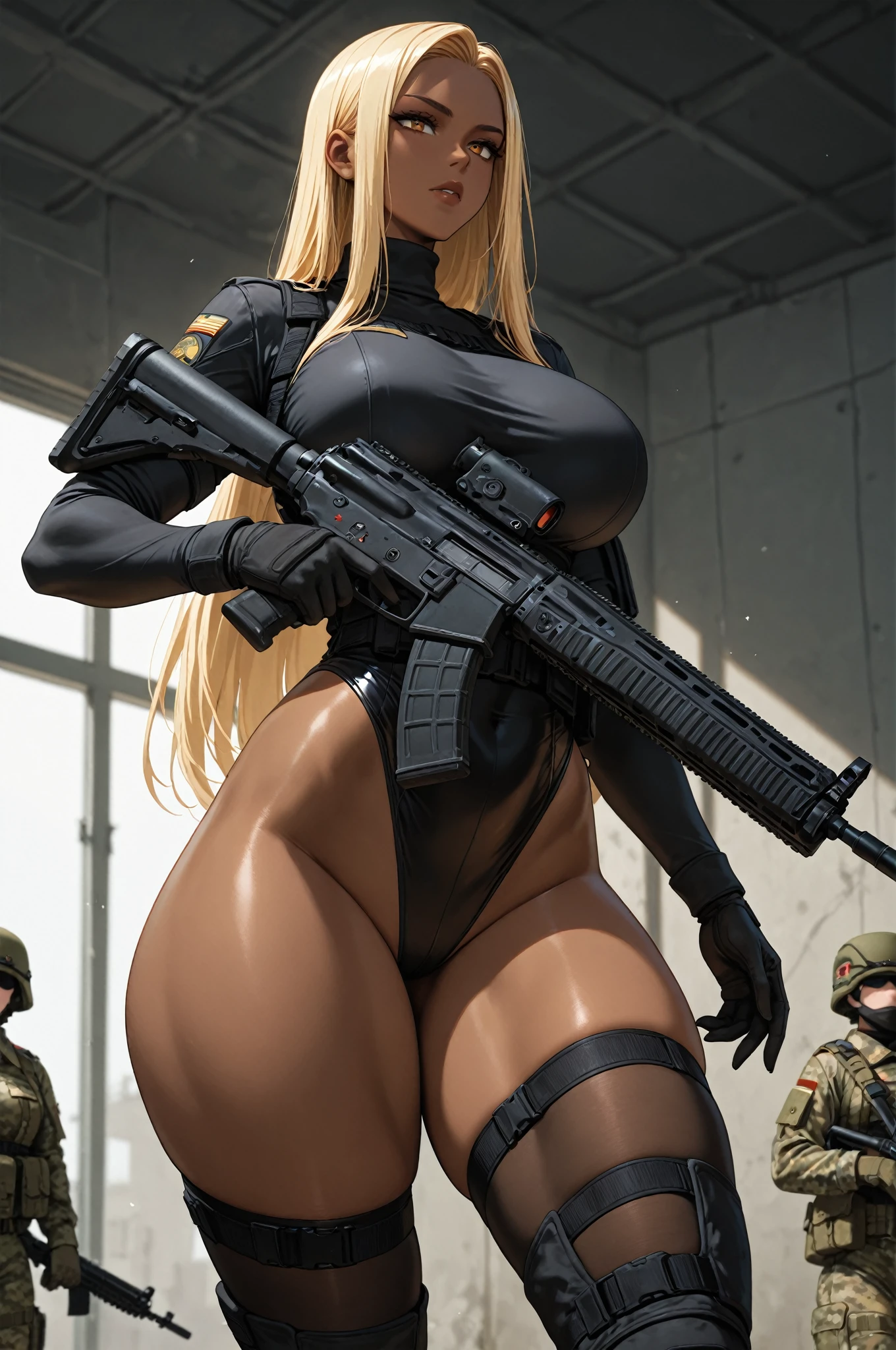 8K, 4k, highest quality, High resolution: 1.2), (masterful, realistic, Photoreal: 1.4), 1 woman, Older sister's atmosphere、beautiful face, she has a bright smile、Shining Lipin Eyes, beholder, Fair skin, white skin: 1.5), Fine complexion, big, big, blonde hair、headband bangs, , young, s asack-view、big ass、super breasts、H cup、lower hair、Rear view、exposed nipples、T-back that digs into your butt、wear a white thong、emphasize the buttocks、white collar thong、cute long hairstyle、wear high heel boots、A female partner robot is next to you.、she's in the hangar、wearing an arm cover、I'm not wearing anything、Have an assault rifle、Hold an assault rifle、Calvin Klein Underwear、calvin klein thong