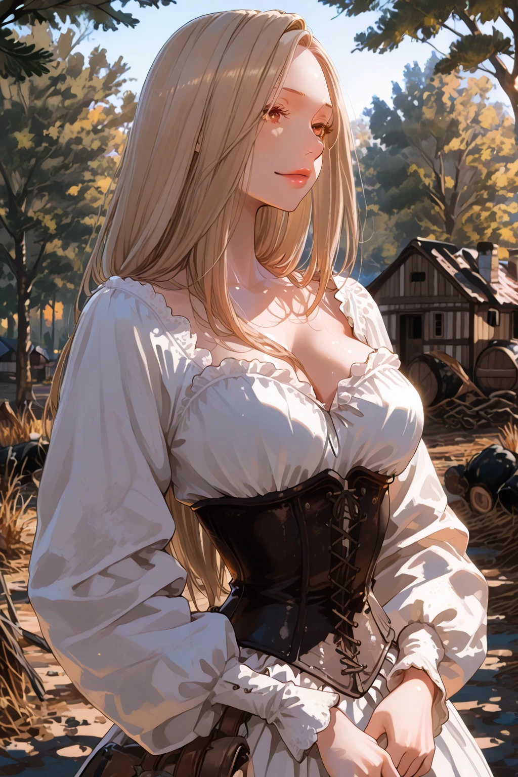 (best quality, ultra-detailed, photorealistic: 1.39), bright and vibrant colors, studio lighting, romantic expression, An effeminate girl, with a delicate and beautiful face. Beautiful and adult woman with her long blonde hair matches the gothic makeup, her dark purple eyes and mischievous smile, with her large seductive breasts, cleavage, dark style, blouse with lace details, plaid shorts with skull belt, dark makeup. She have a horny face, like a manwha character, chain details,, walking in leaning pose on the porch of the house, seductive cleavage, manga style, anime features manga style, fully body , she is in love, anime style
