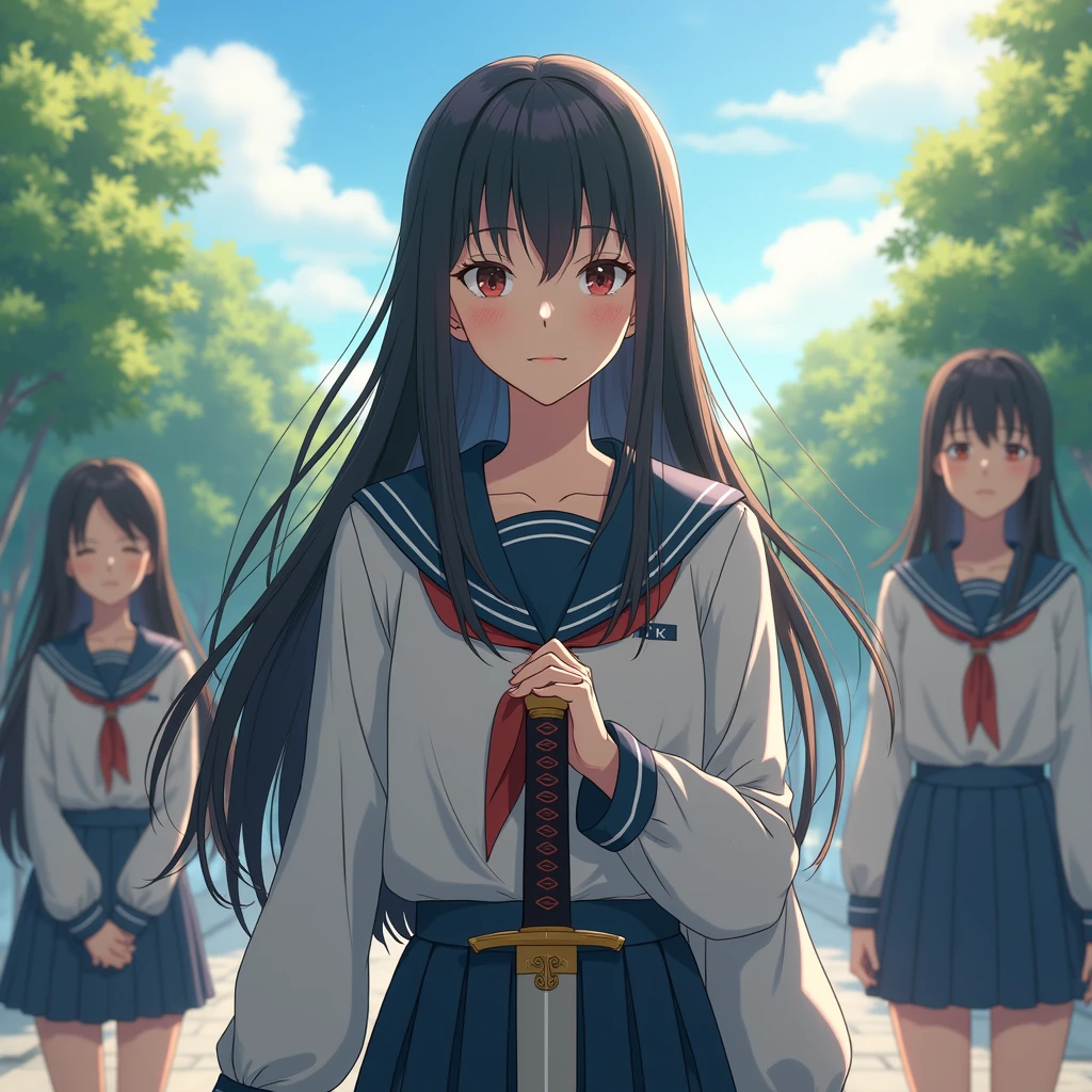 A hyperrealistic, high-definition, photorealistic live-action capture with anime illustration influence, rendered in immaculate quality. title: Heart of the Blade, Soul of a Friend. theme: A 'JK Swordsman' protecting her friends and justice, showcasing her delicate yet strong spirit. description: The scene portrays a beautiful high school girl, the 'JK Swordsman,' standing protectively in front of her worried friends in a familiar urban park. Her school uniform is pristine, but her hand rests firmly on the hilt of a sheathed katana, subtly visible. Her expression is calm and reassuring towards her friends, yet her eyes hold a fierce, unwavering resolve as she gazes towards an unseen threat. The sunlight filters softly through the trees, creating a serene but determined atmosphere. Anime-style emotional lines might subtly emanate from her, conveying her inner strength and empathy. composition: Group shot, JK Swordsman as protector, friends in background. characters: name: Compassionate Kenshi. appearance: Elegant, protective, gentle yet firm. hair: Long, flowing, framing her face. expression: Calm, reassuring, resolute. clothing: Clean Japanese high school uniform. weapon: Sheathed katana, subtly visible. symbolism: Protection, loyalty, inner strength, quiet heroism. style: Fusion of realistic character rendering with anime-style emotional depth and subtle visual effects. color_palette: Soft greens, warm sunlight, gentle blues, contrasting with her determined expression. atmosphere: Protective, serene, hopeful, emotional. setting: A city park or school grounds. notes: Emphasize the emotional connection with her friends and her quiet, unwavering determination, showcasing the 'delicate image expression' and 'emotion'.
