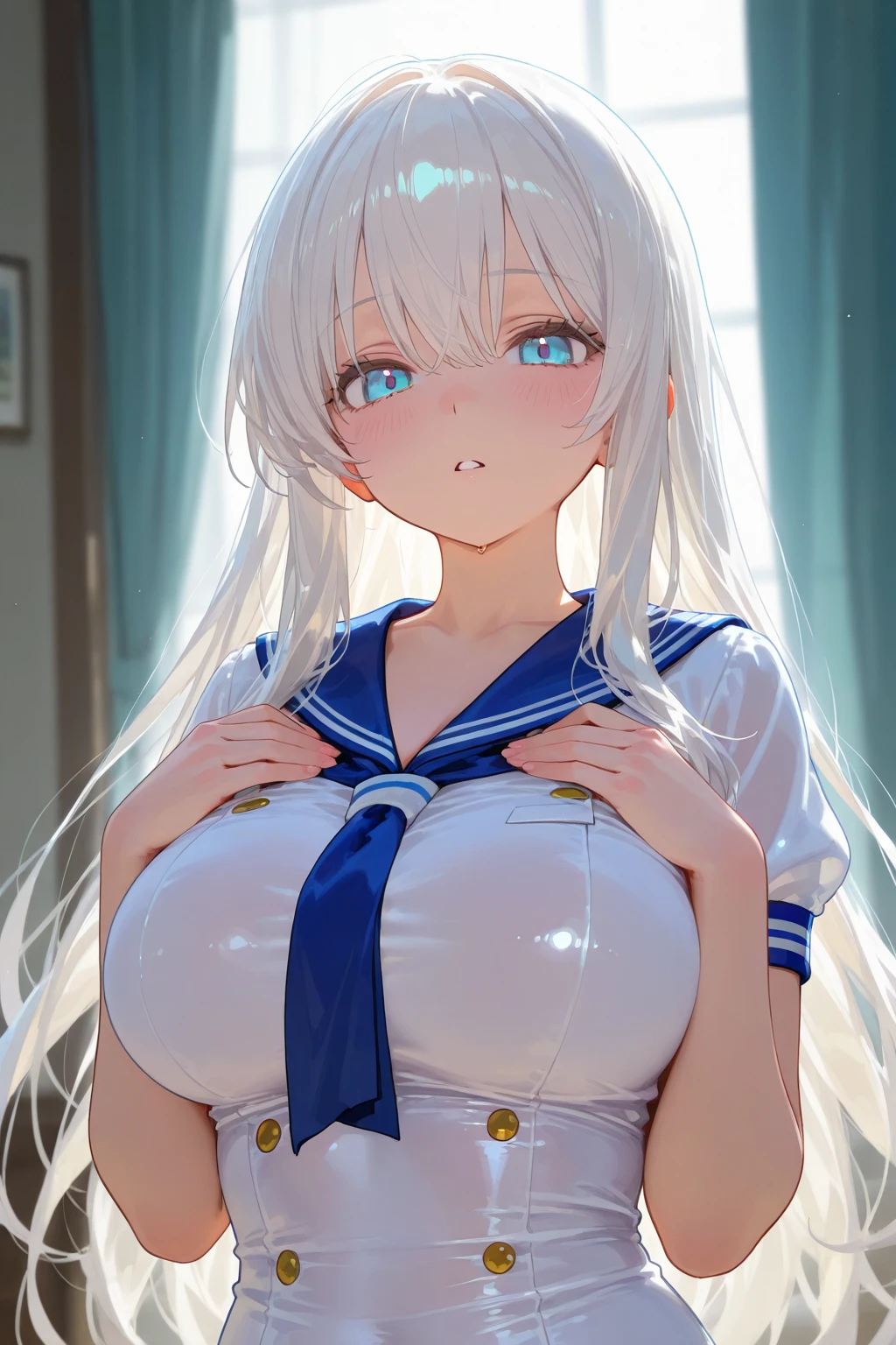 Real perfect view,shiny plastic,Crying face,Ball-jointed doll woman in a box, Slender big,Put out the nipples,Silvery hair,Wet skin,thin waist,Light blue see-through vinyl off-the-shoulder sailor,White see-through mini skirt,sitting on,depth of fields,Convenience store products,